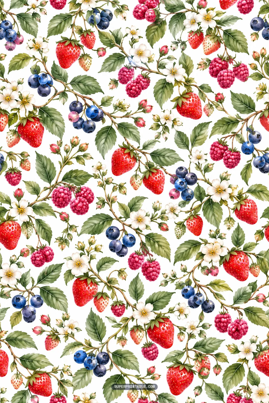 Intertwining watercolor berry vines with ripe strawberries, raspberries, blueberries, and leaves.