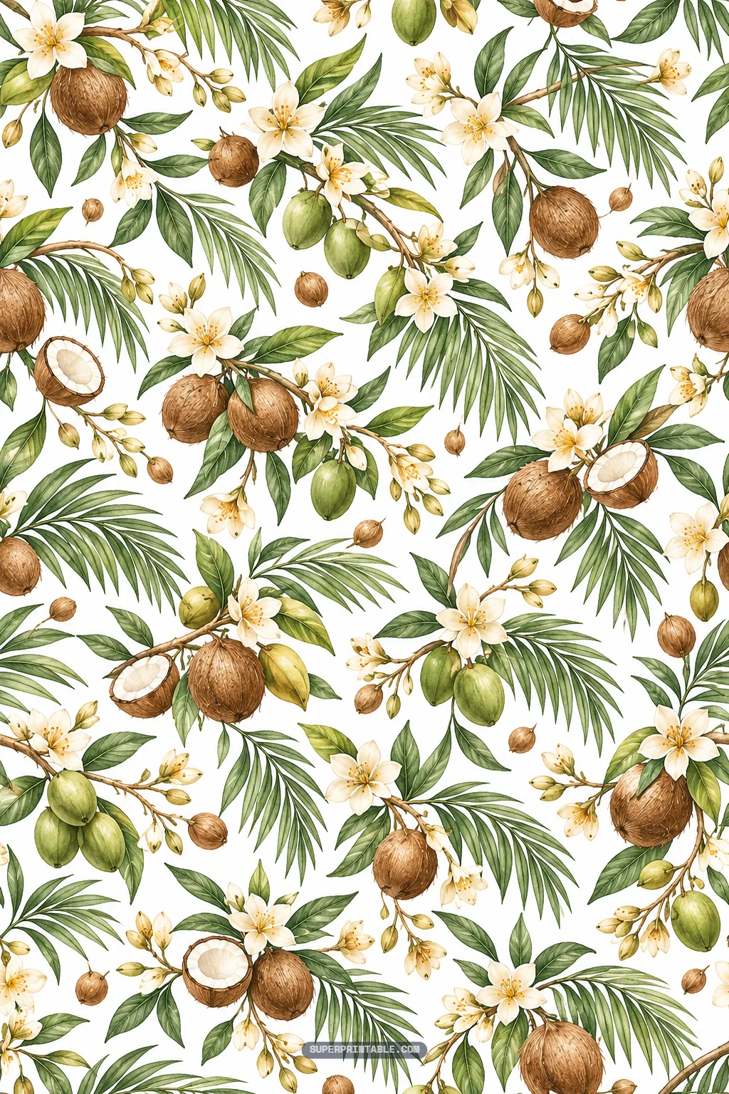 Vintage botanical coconut tree branches bearing green and brown coconuts with blooms.