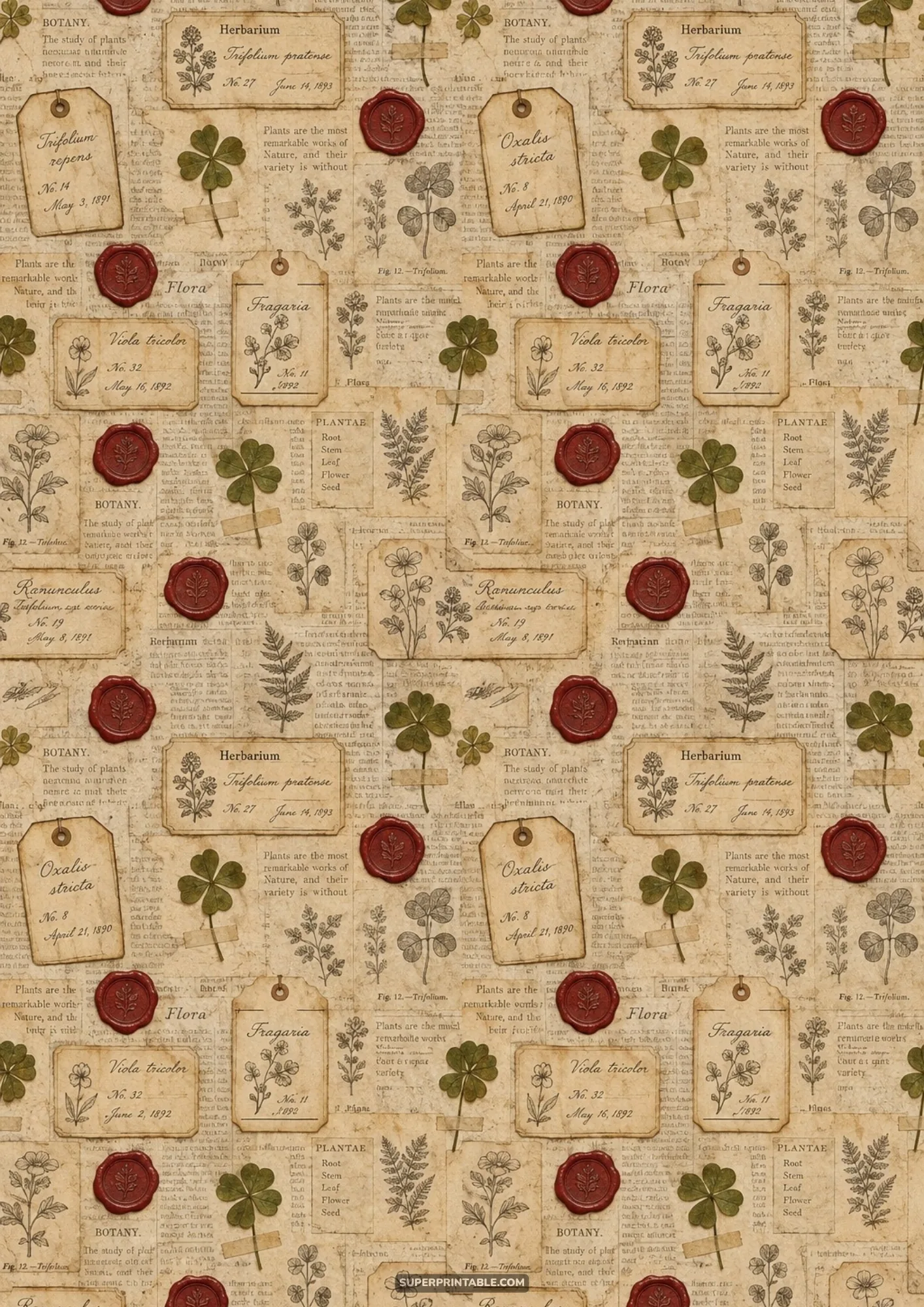 Vintage botanical collage pattern with pressed clovers, red wax seals, and antique ledger text