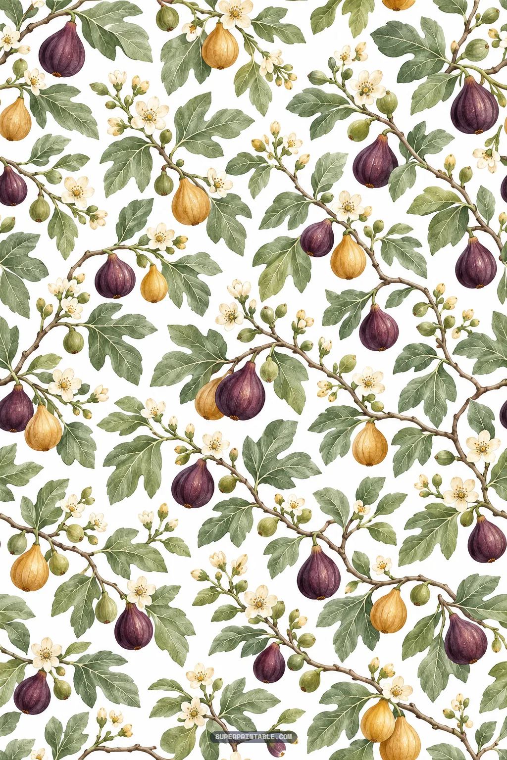 Lush watercolor fig branches with broad green leaves, ripe purple figs, golden fruits, and blooming blossoms
