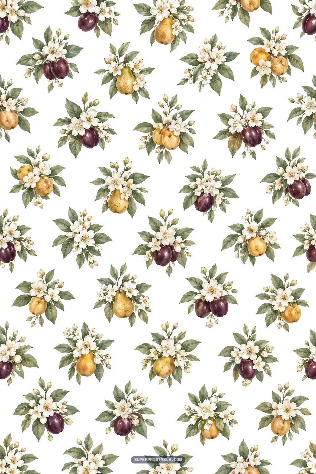 Repeating botanical bouquets of golden pears, dark purple plums, and white flower blossoms on white paper
