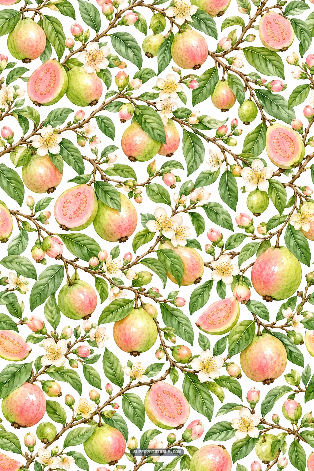 Intertwining orchard branches laden with ripe guavas, fruit halves, and flowers