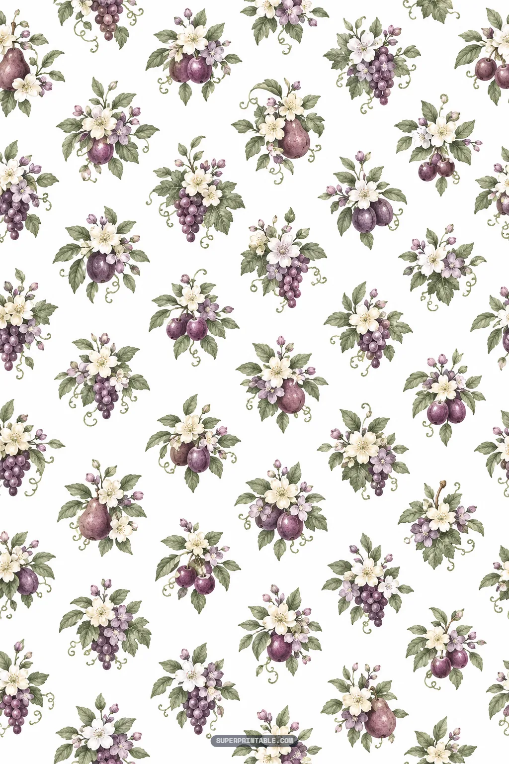 Repeating watercolor bouquets of purple grapes, plums, pears, and blooming white flowers.
