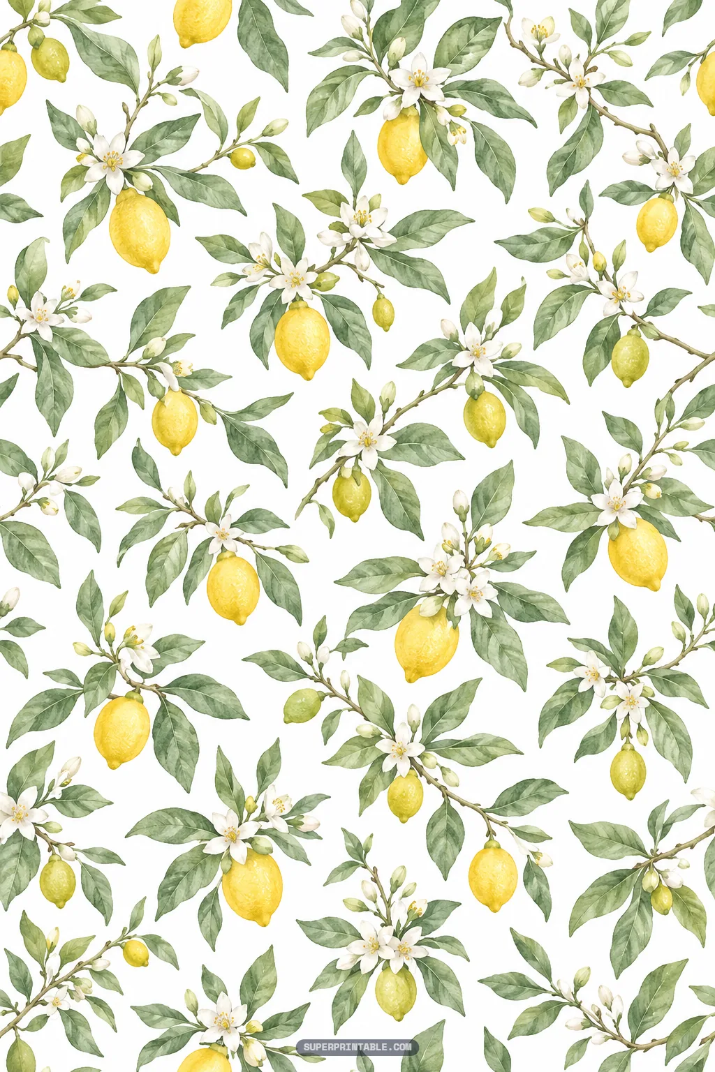 Botanical watercolor pattern of spreading citrus tree branches with ripening lemons and blossoms