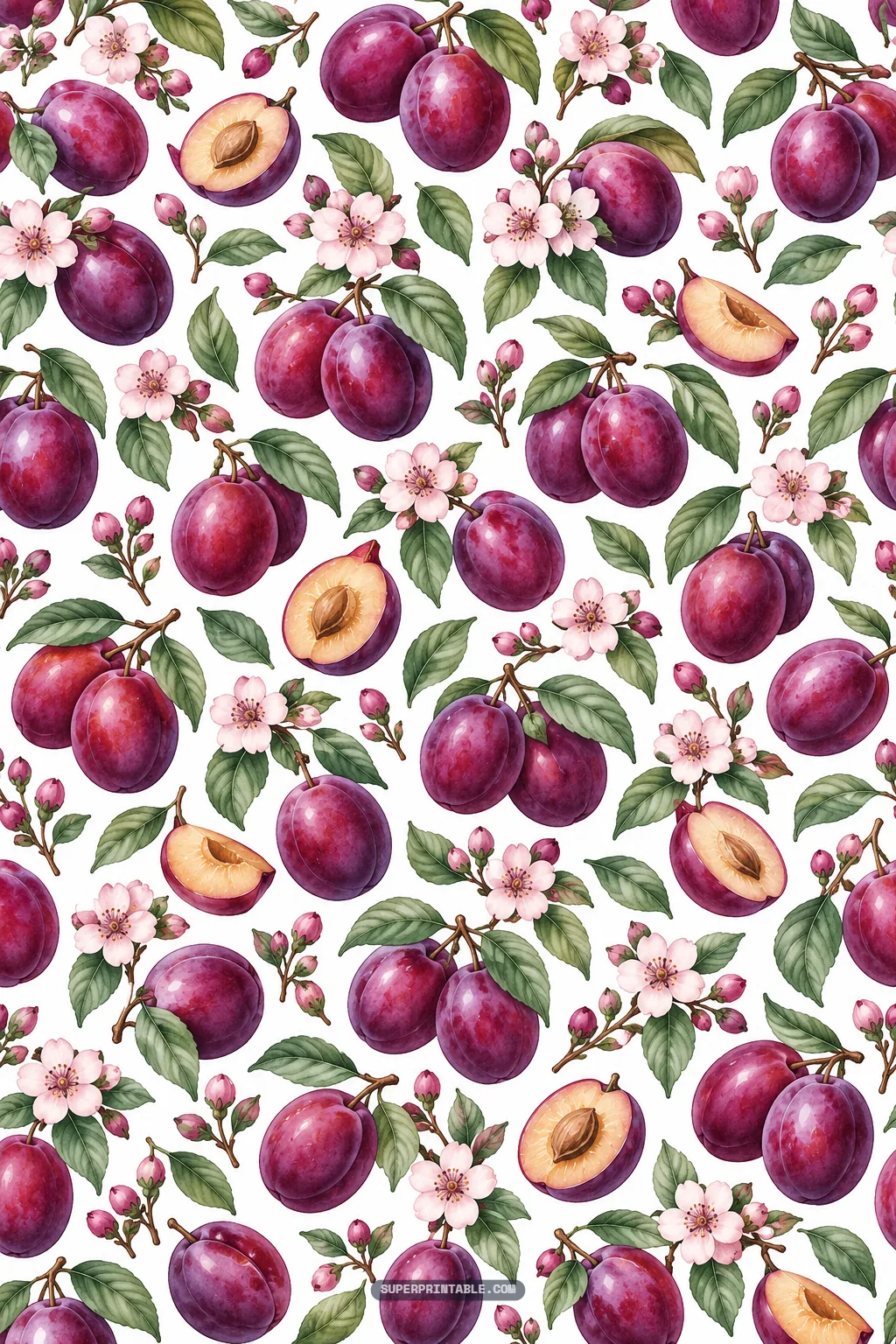 Whole and sliced purple plums scattered among pink floral blossoms on white background