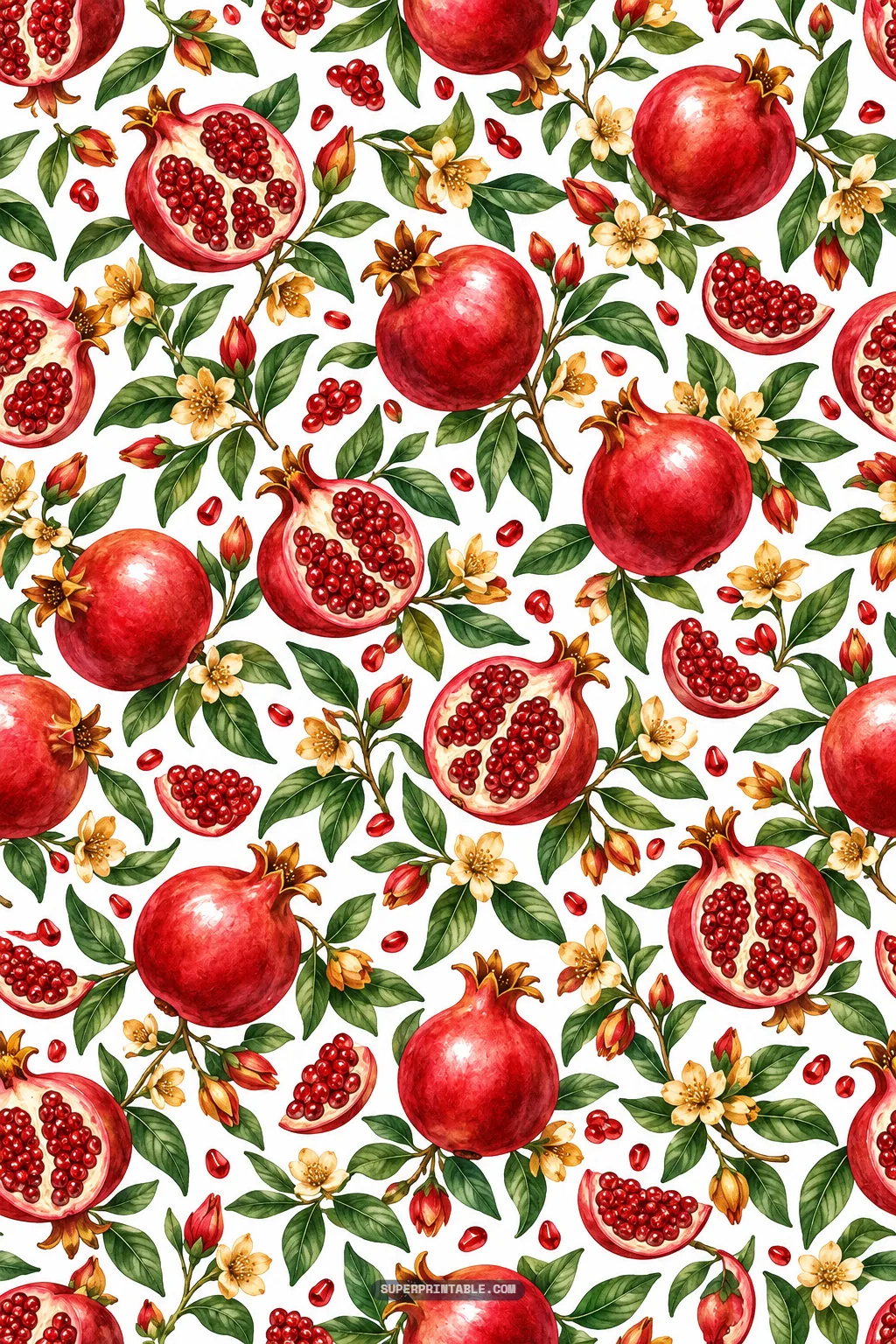 Botanical pomegranate orchard pattern featuring whole and sliced fruit with blossoms