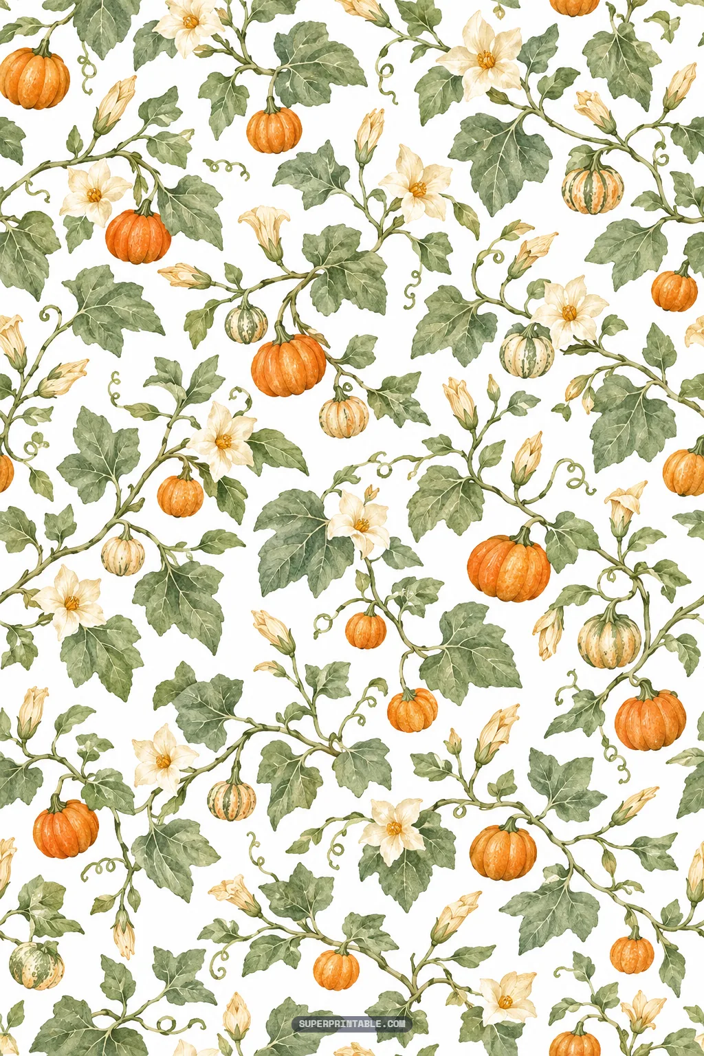Pumpkin vine botanical digital paper pattern with flowering squash blossoms curling tendrils and gourds