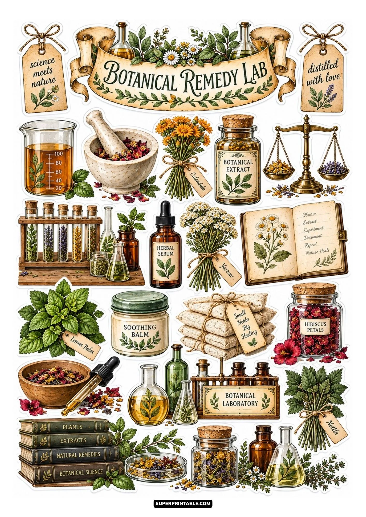 Vintage botanical remedy lab sticker sheet with beaker, test tubes, and herbal extracts.