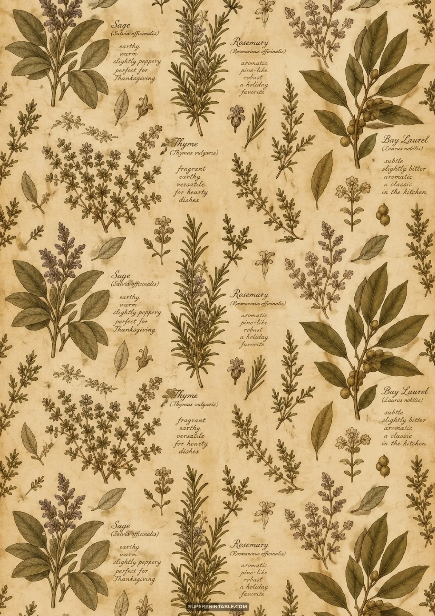 Vintage botanical print pattern featuring labeled sprigs of culinary sage, rosemary, thyme, and bay laurel