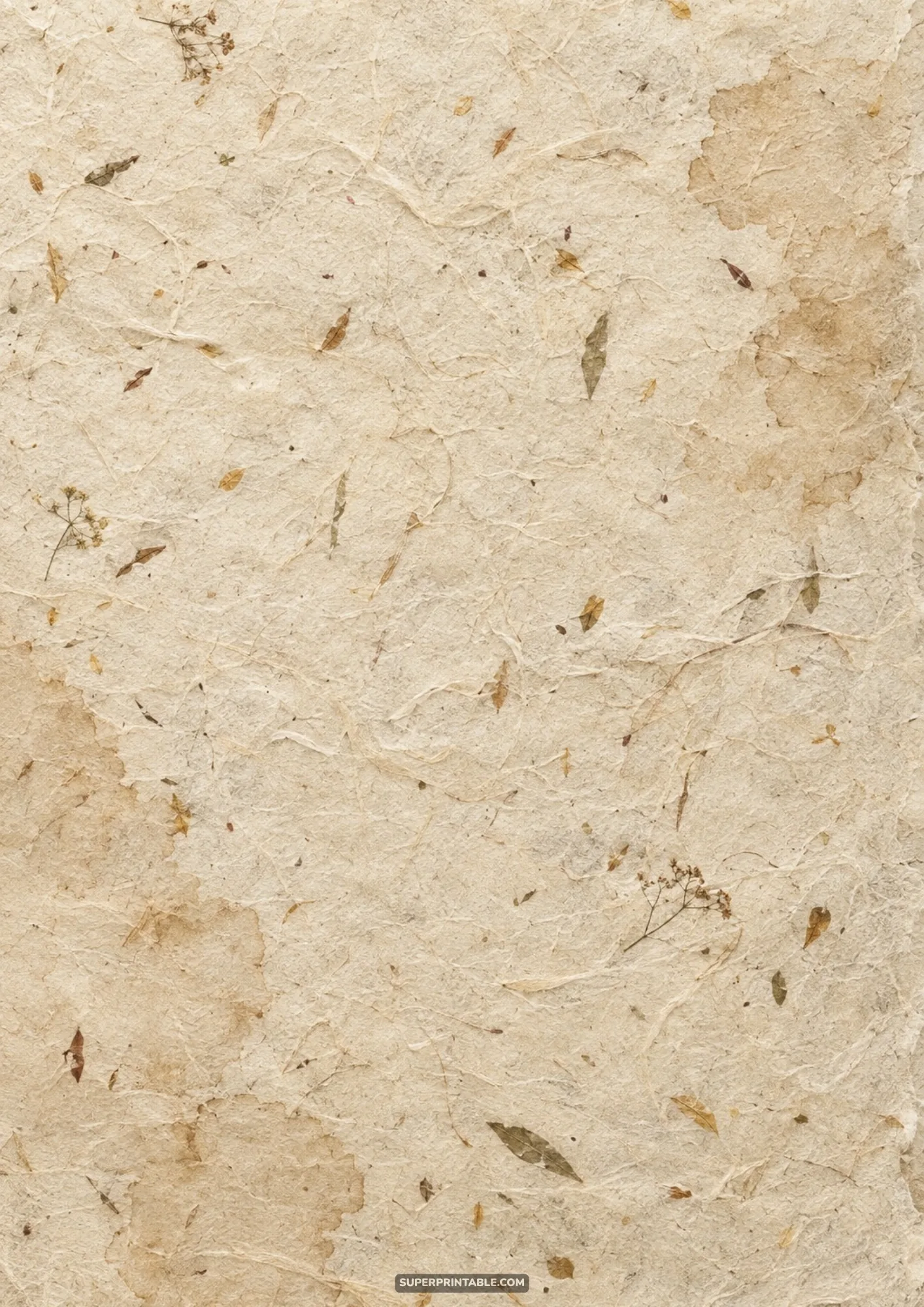 Rustic beige handmade washi paper surface embedded with delicate dried botanical leaves and petals