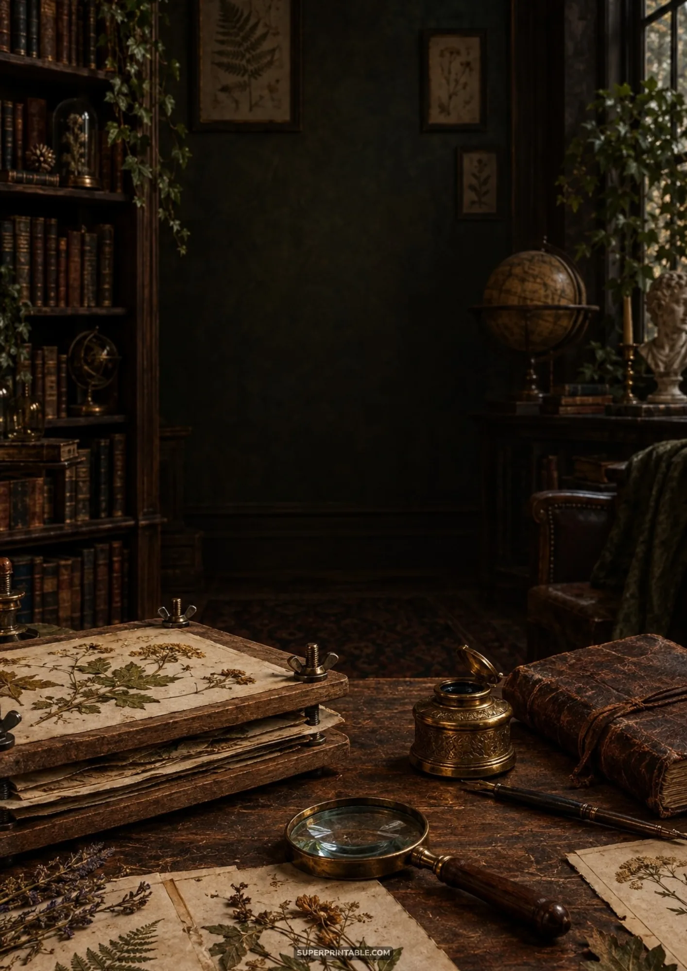Vintage botanist study desk with a wooden flower press, brass magnifying glass, and dried herbs