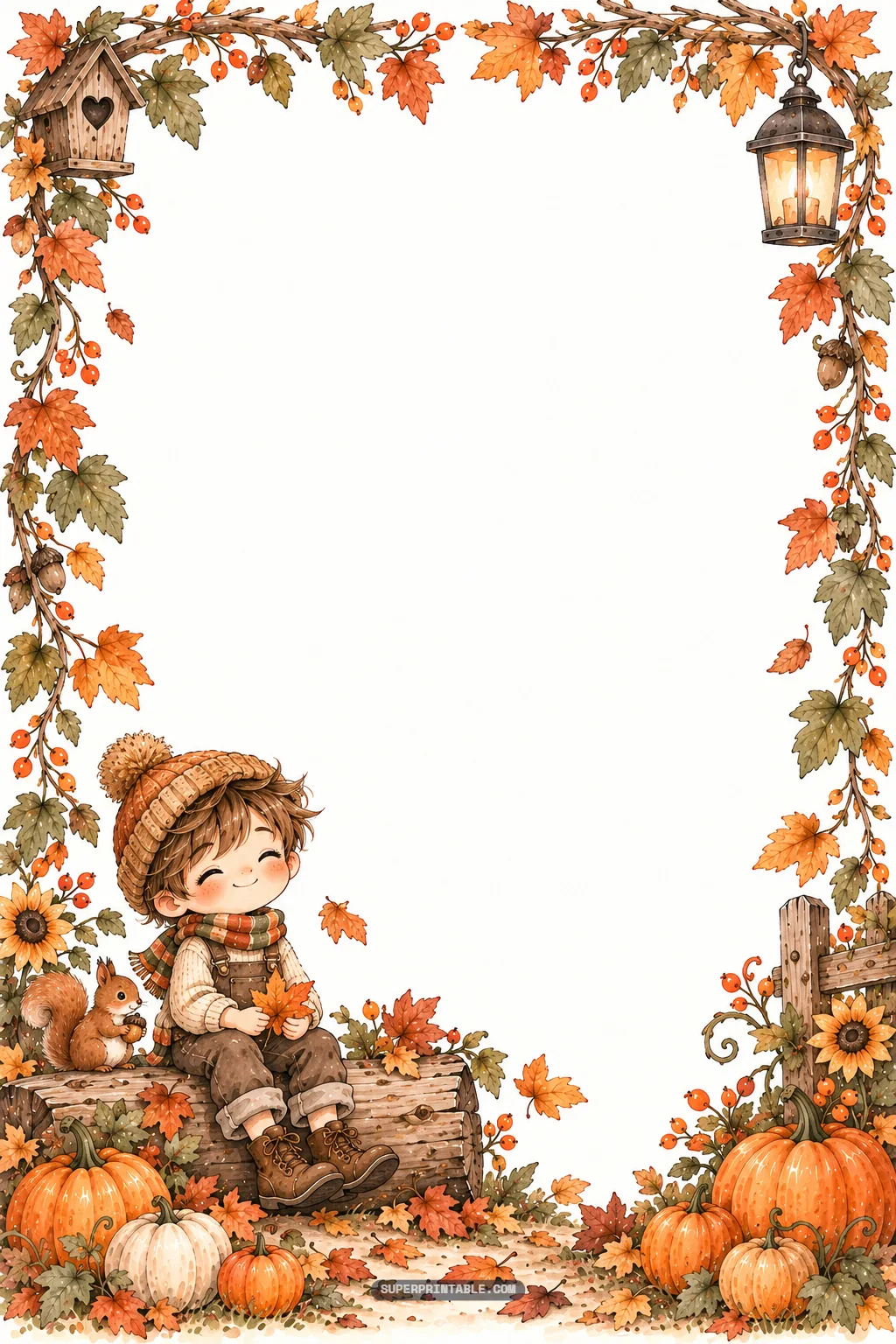 Sweet watercolor frame showing a young boy and a little squirrel sitting on a log surrounded by pumpkins.