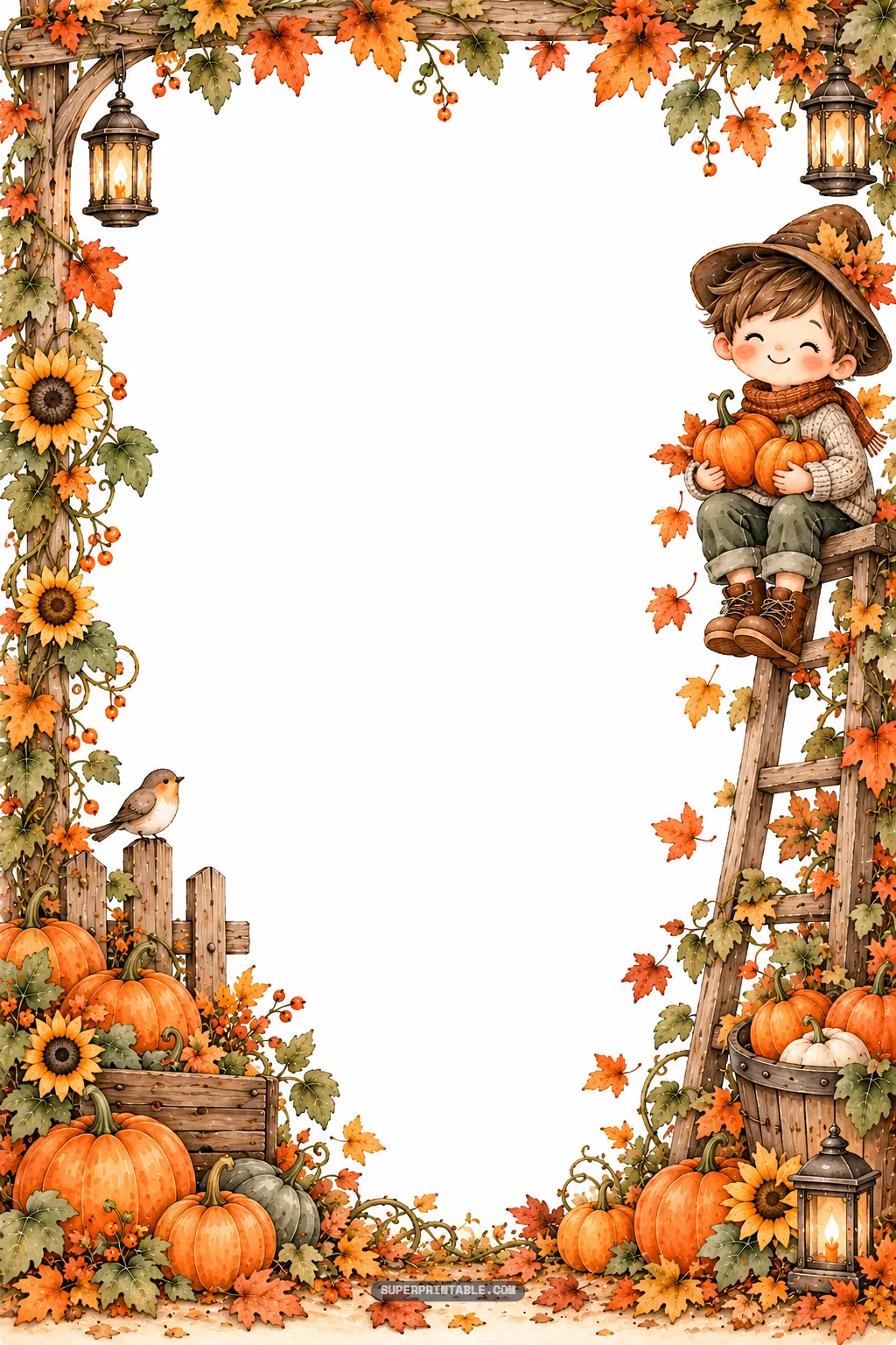 Charming watercolor border with a little boy holding pumpkins on a rustic ladder beside sunflowers.