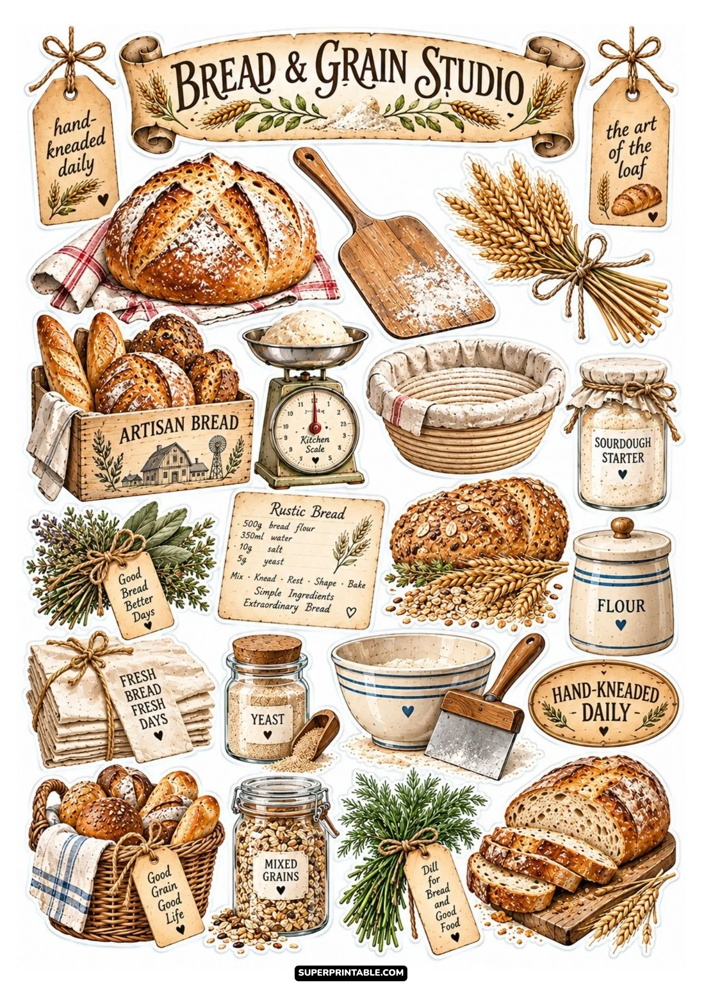Cottage bakery sticker sheets featuring artisan bread loaves, wheat stalks, and rustic kitchen tools.