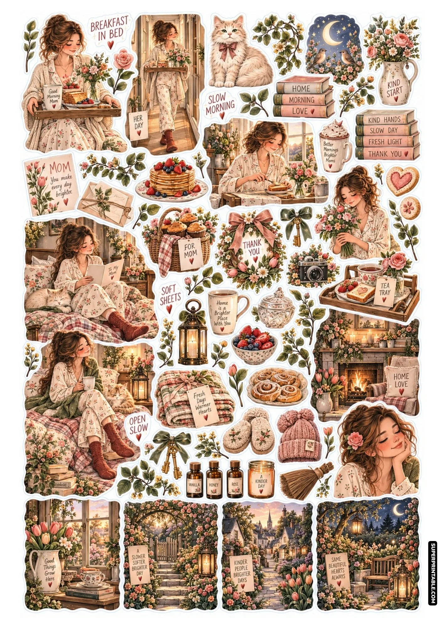 Breakfast in bed morning stickers displaying berry pancake stack, steaming coffee mugs, pajamas, and bedside flowers.