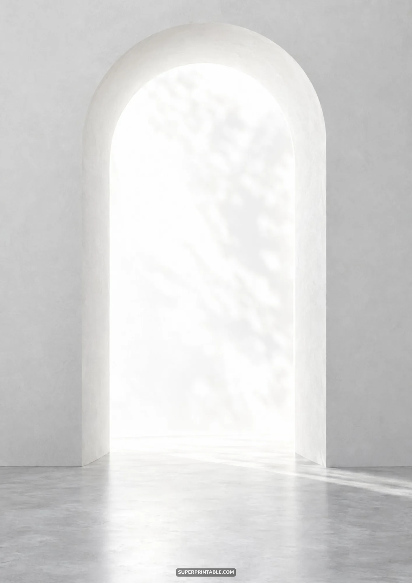 Bright minimalist white gallery hallway displaying a tall arched doorway flooded with soft diffused sunlight