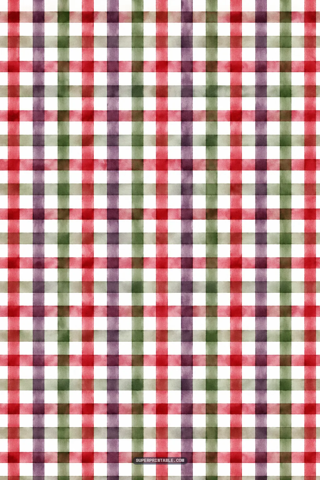 Seamless watercolor gingham check sheet featuring blended tones of raspberry, plum, and olive