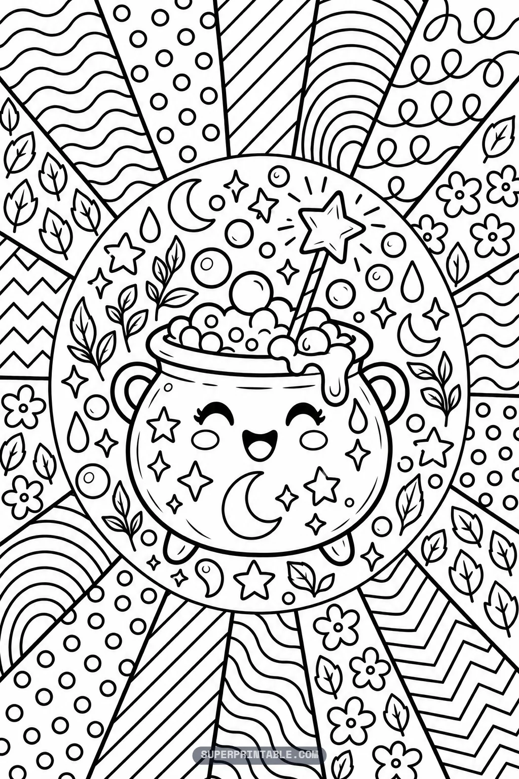 Smiling magic cauldron bubbling with starry potion and foam within an intricate patterned sunburst frame