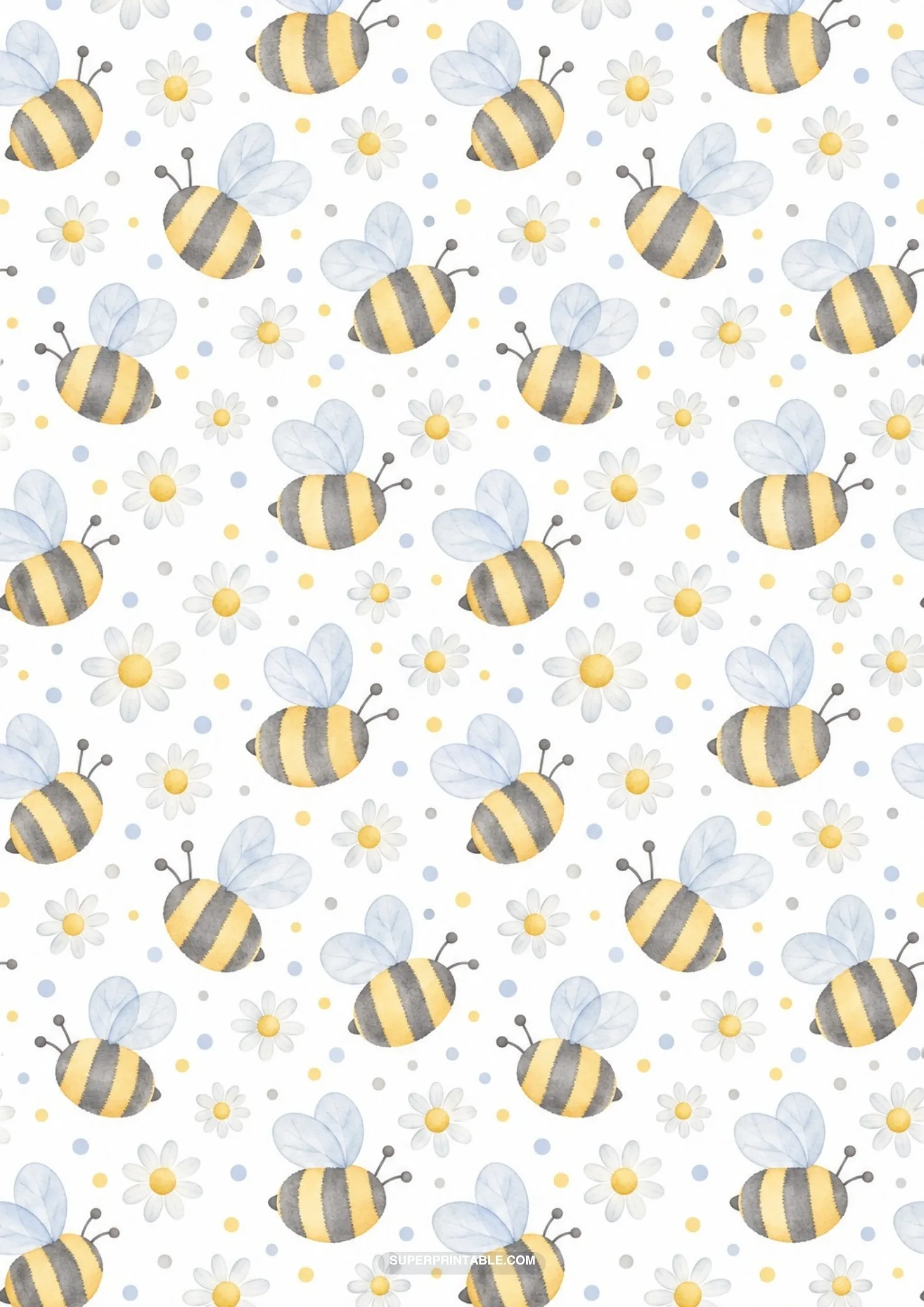 Cute flying bumblebees with blue wings surrounded by daisies and pastel dots