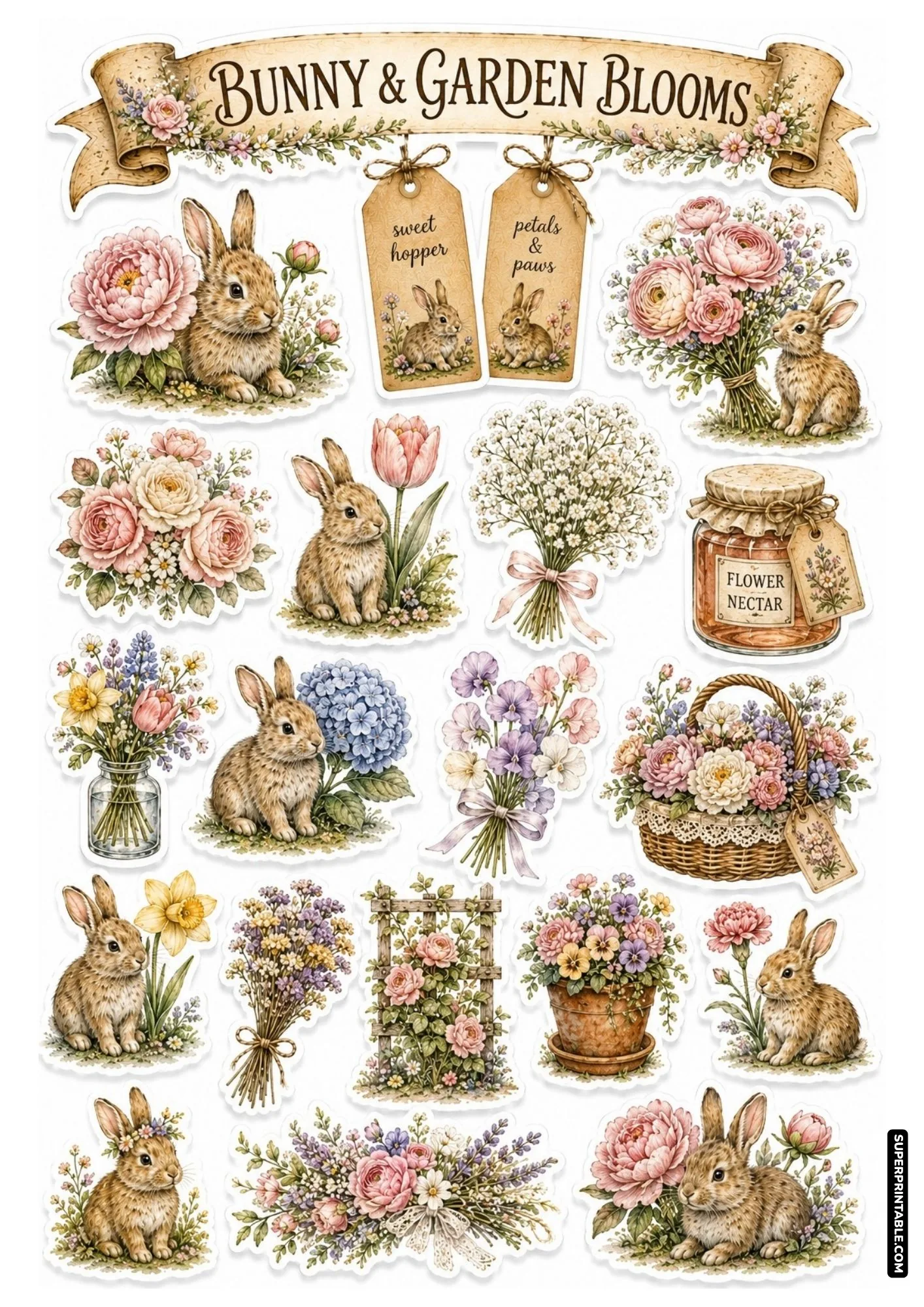 Printable bunny meadow sticker sheets featuring rabbits, roses, hydrangeas, and floral bouquets.
