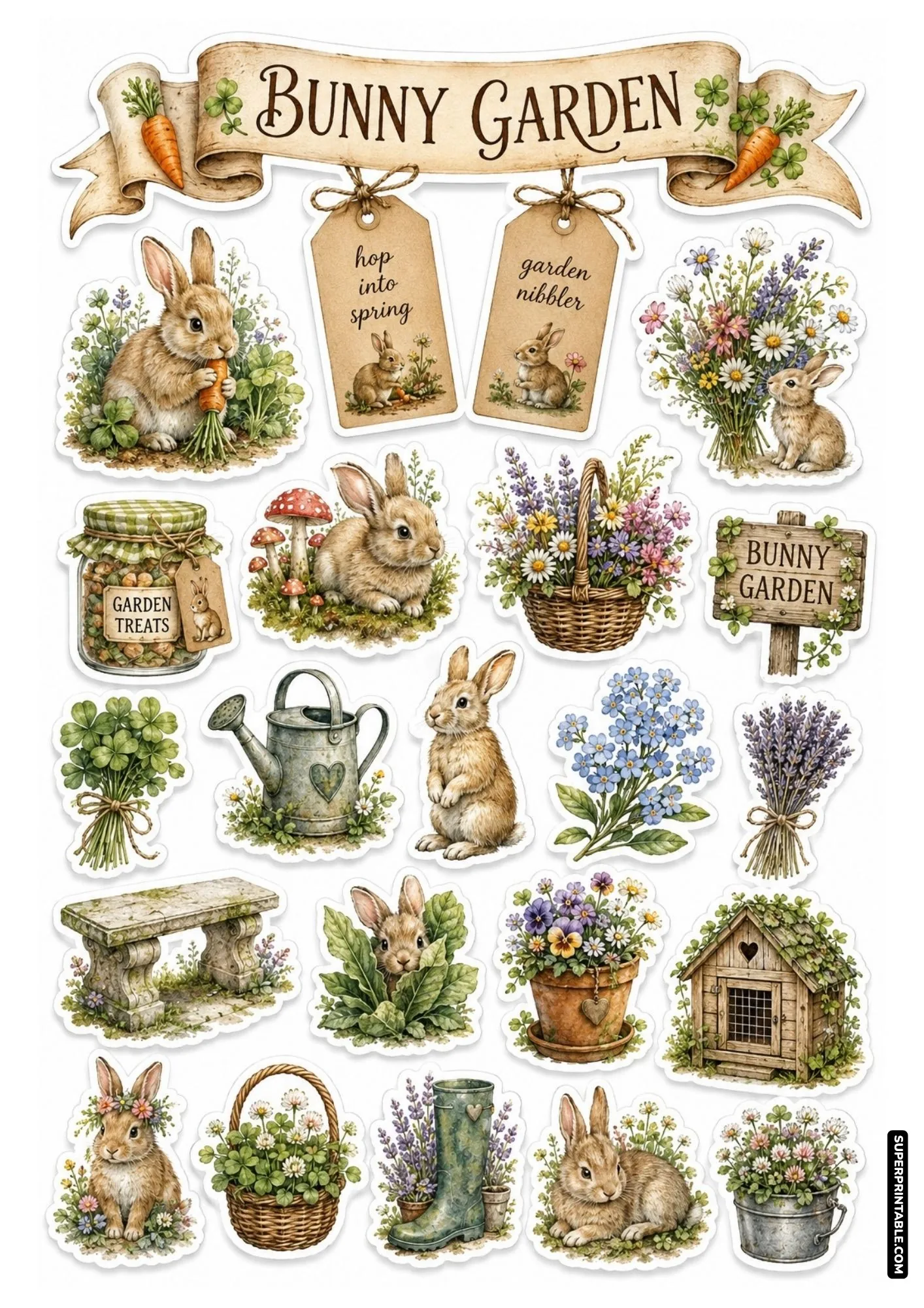 Watercolor bunny garden sticker sheet showing rabbits, carrots, watering can, and potted flowers.