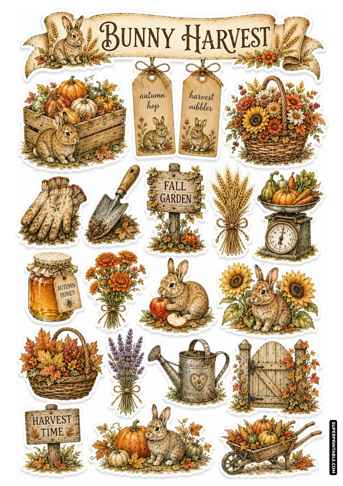 Autumn harvest bunny sticker sheet with pumpkins, sunflowers, autumn leaves, and cozy rabbits.
