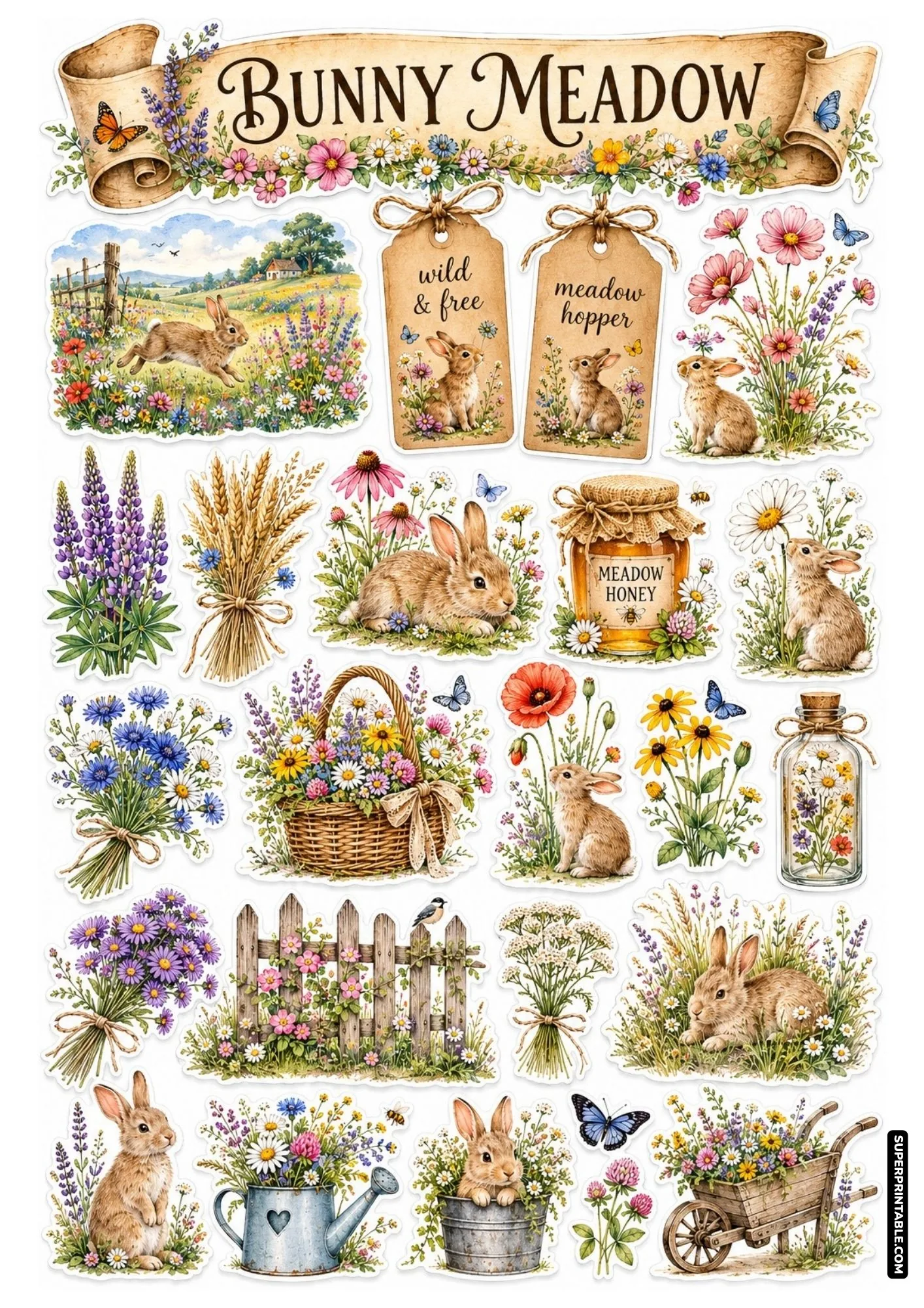 Bunny meadow sticker sheets design with leaping rabbits, wildflowers, lupines, and honey jar.