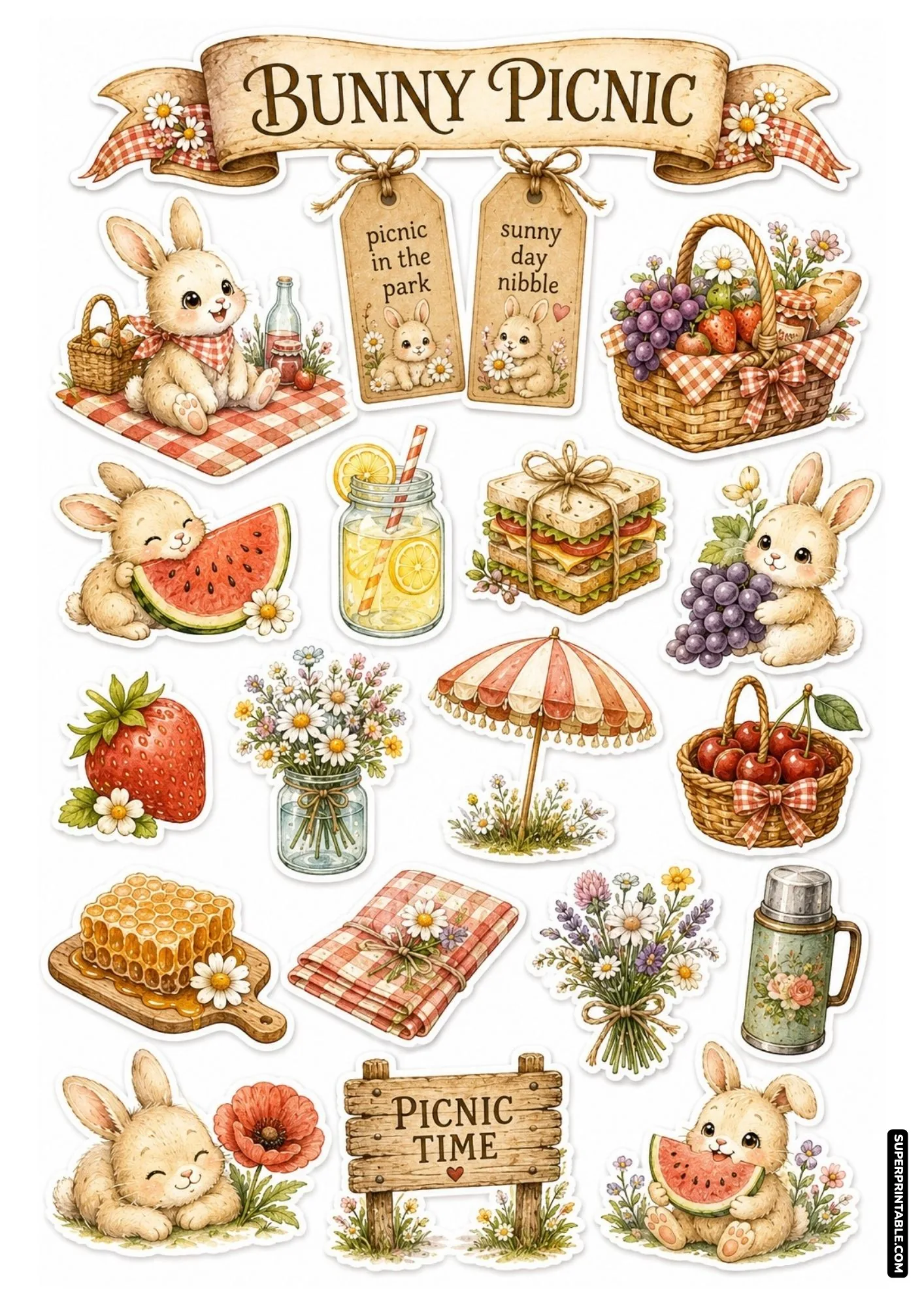 Cute bunny picnic sticker sheet featuring rabbits on gingham blankets with fruit and sandwiches.