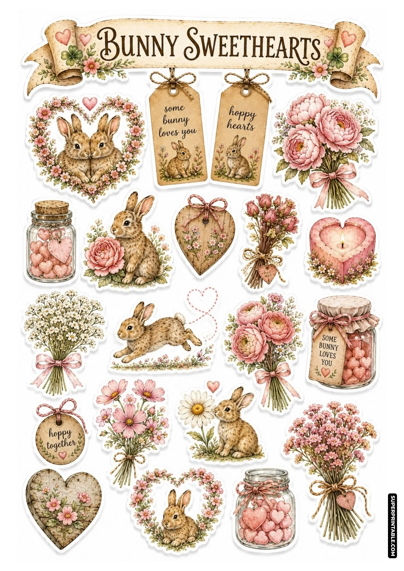 Bunny sweethearts sticker sheet with heart wreaths, pink roses, candy jars, and paired rabbits.