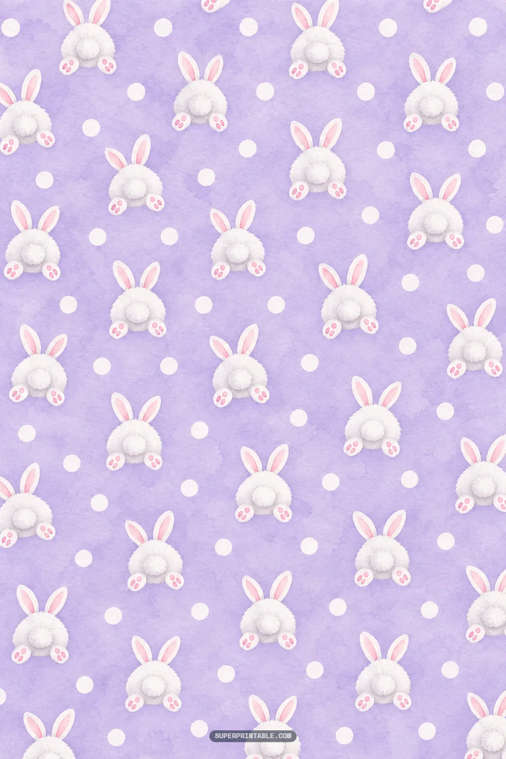 Playful fluffy white bunny bottoms with pink paw pads and white polka dots over a textured pastel lavender backdrop