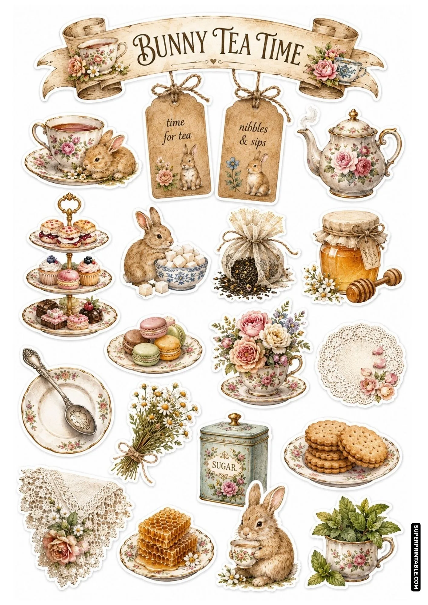 Vintage bunny tea time sticker sheet featuring floral teacups, teapot, macarons, and biscuits.