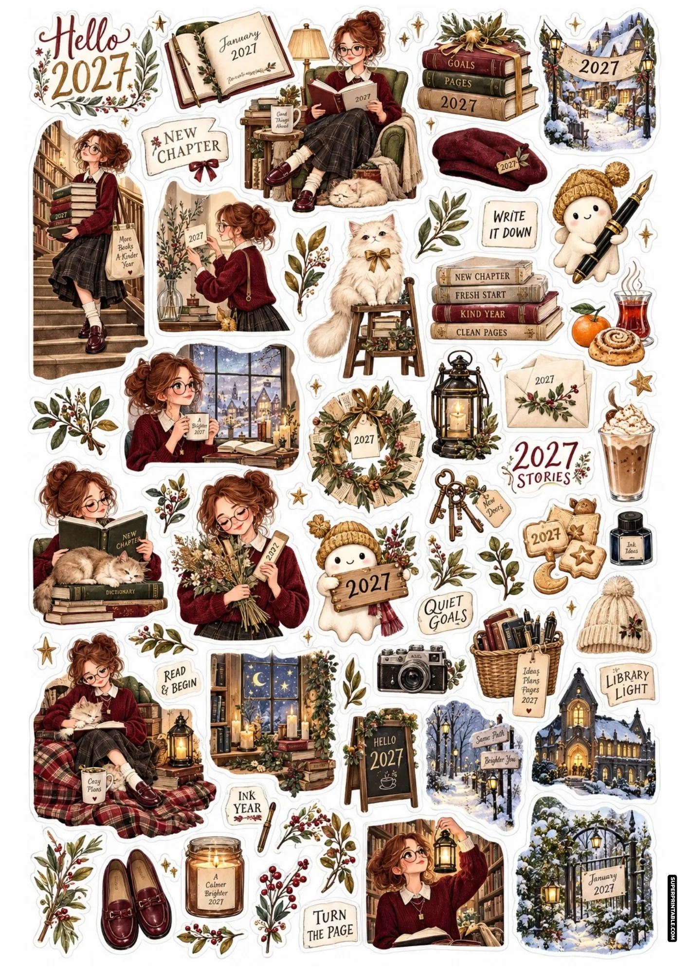 Dark academia sticker sheet with a girl in glasses and burgundy sweater surrounded by books and lanterns.