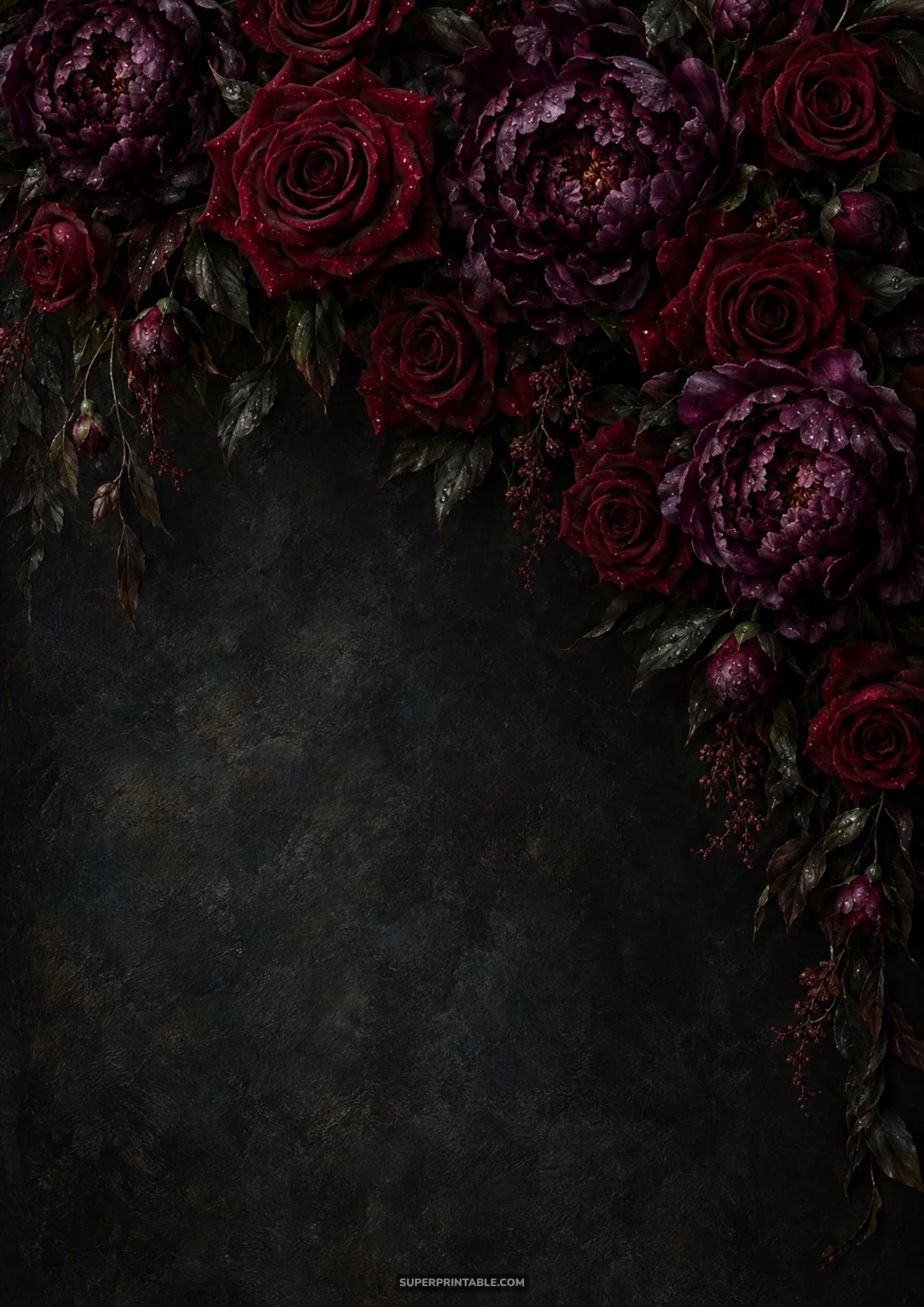 Deep burgundy peonies and dewy crimson roses draping across dark textured charcoal canvas