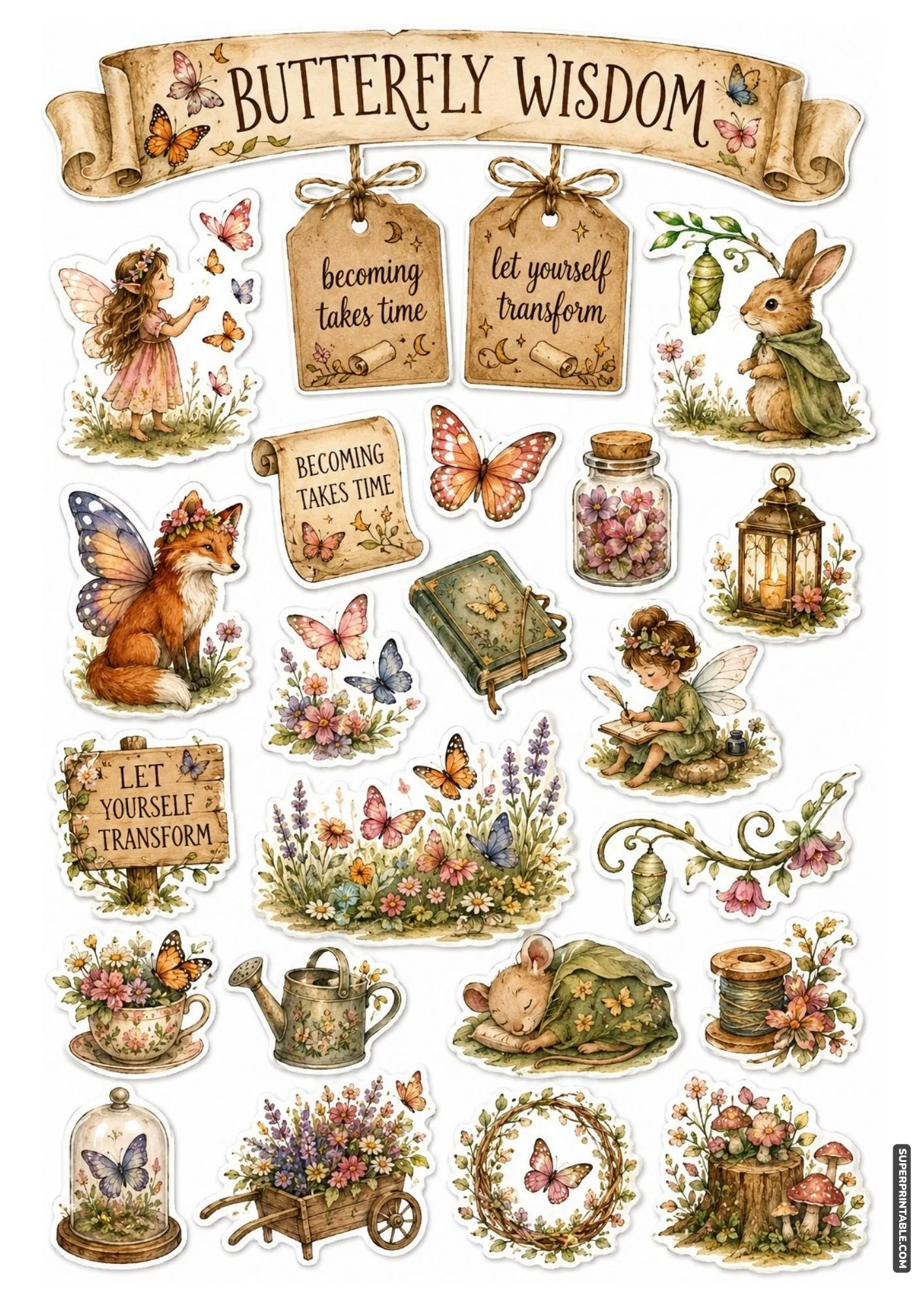Butterfly themed fairy sticker sheet with inspirational quotes and delicate wings.