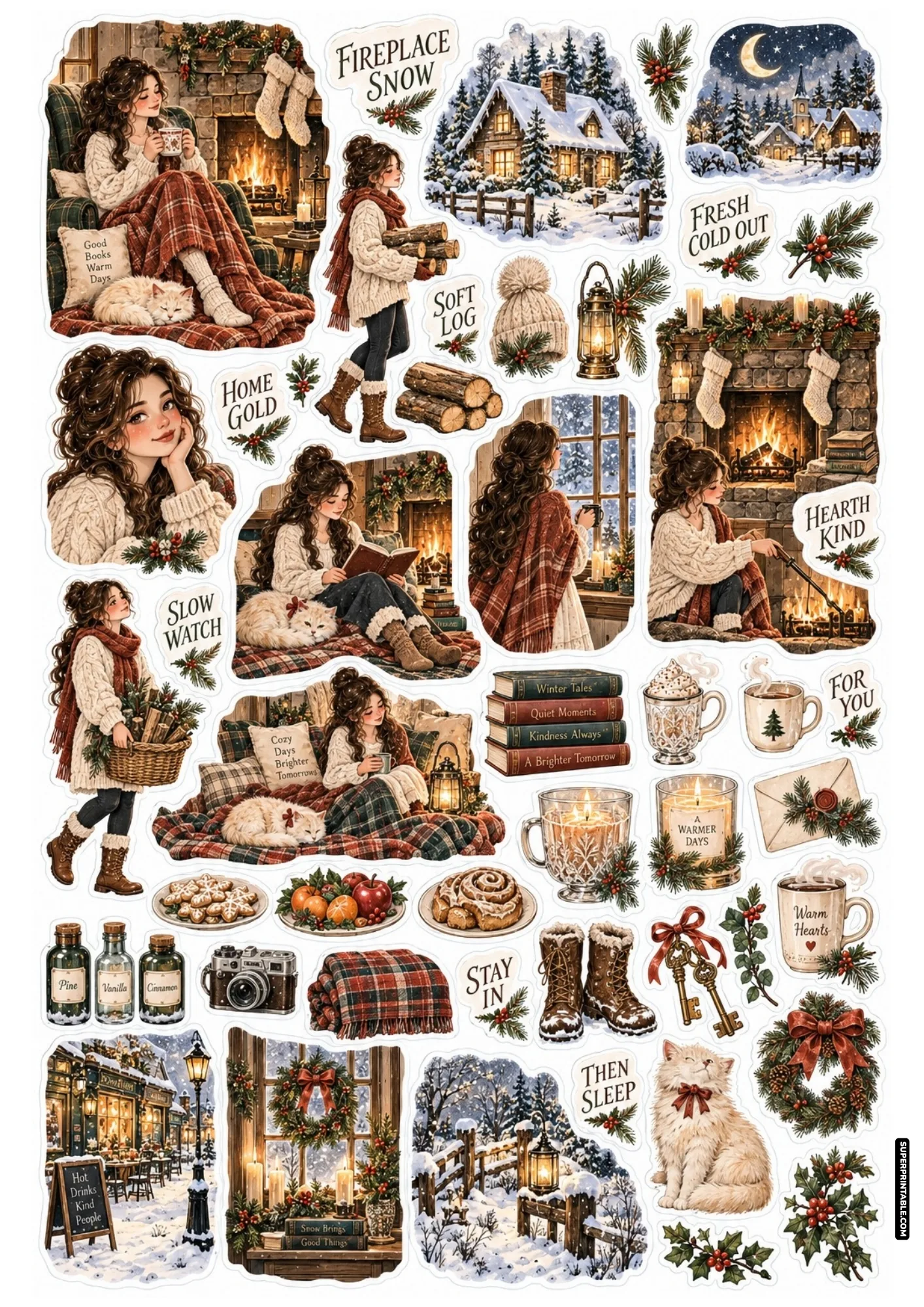 Evening winter cabin stickers with glowing fireplace mantels, snow-blanketed cottages, and cozy night scenes.