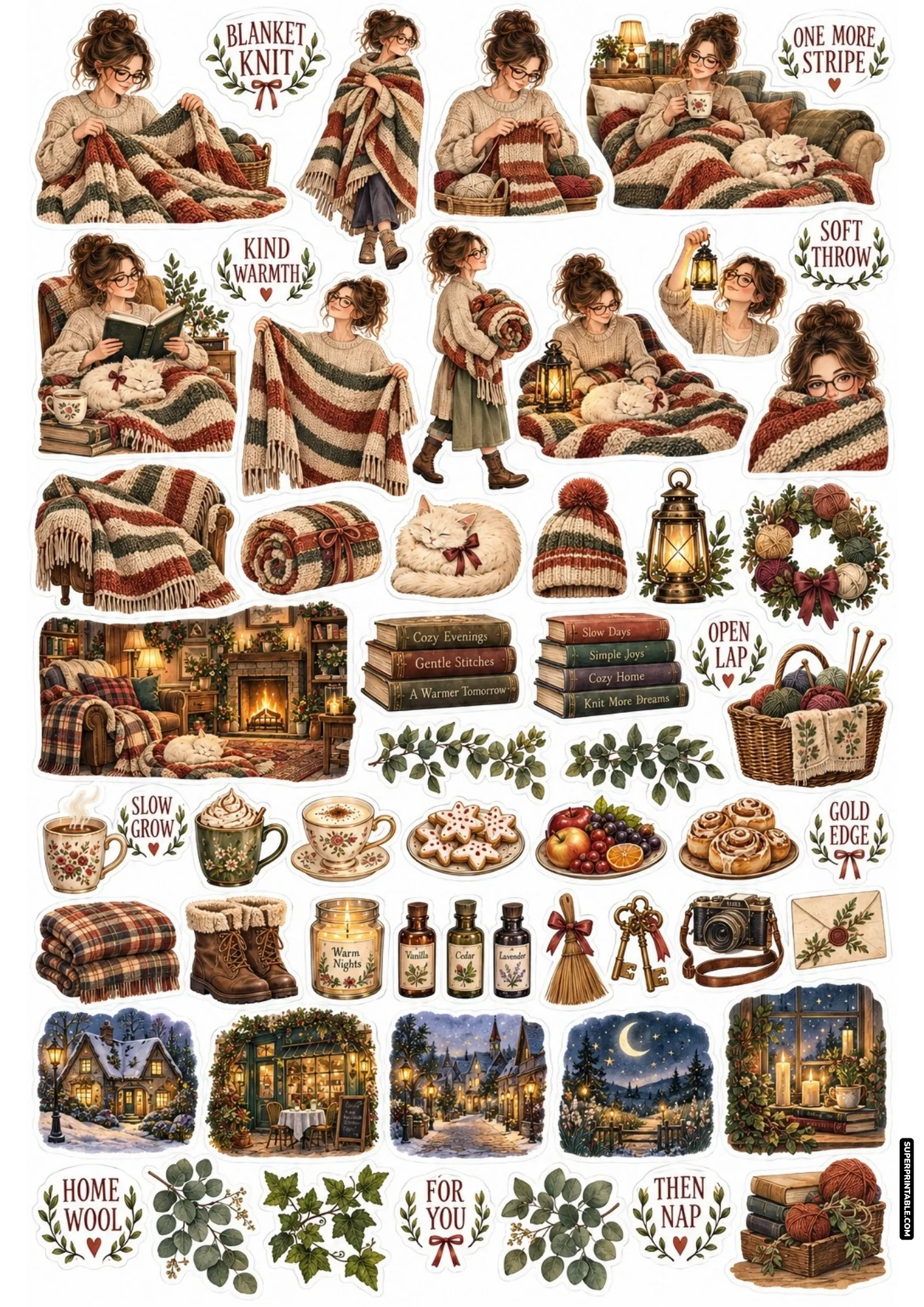 Charming sticker sheet featuring large striped hand-knit blankets, cozy armchairs, fluffy cats, and sweet pastry treats