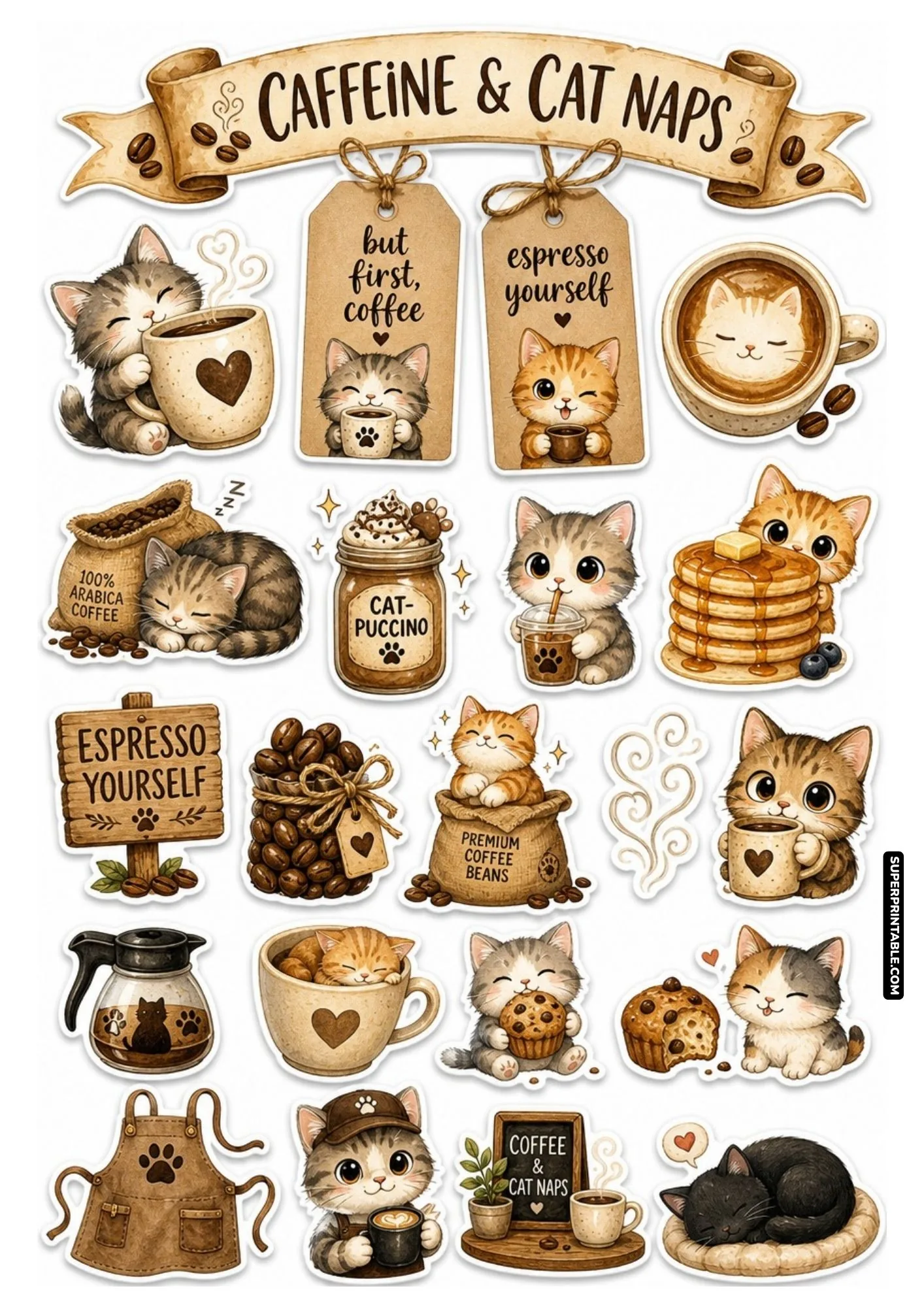 Cute kitten stickers resting inside espresso cups and posing with sweet cafe pastries.