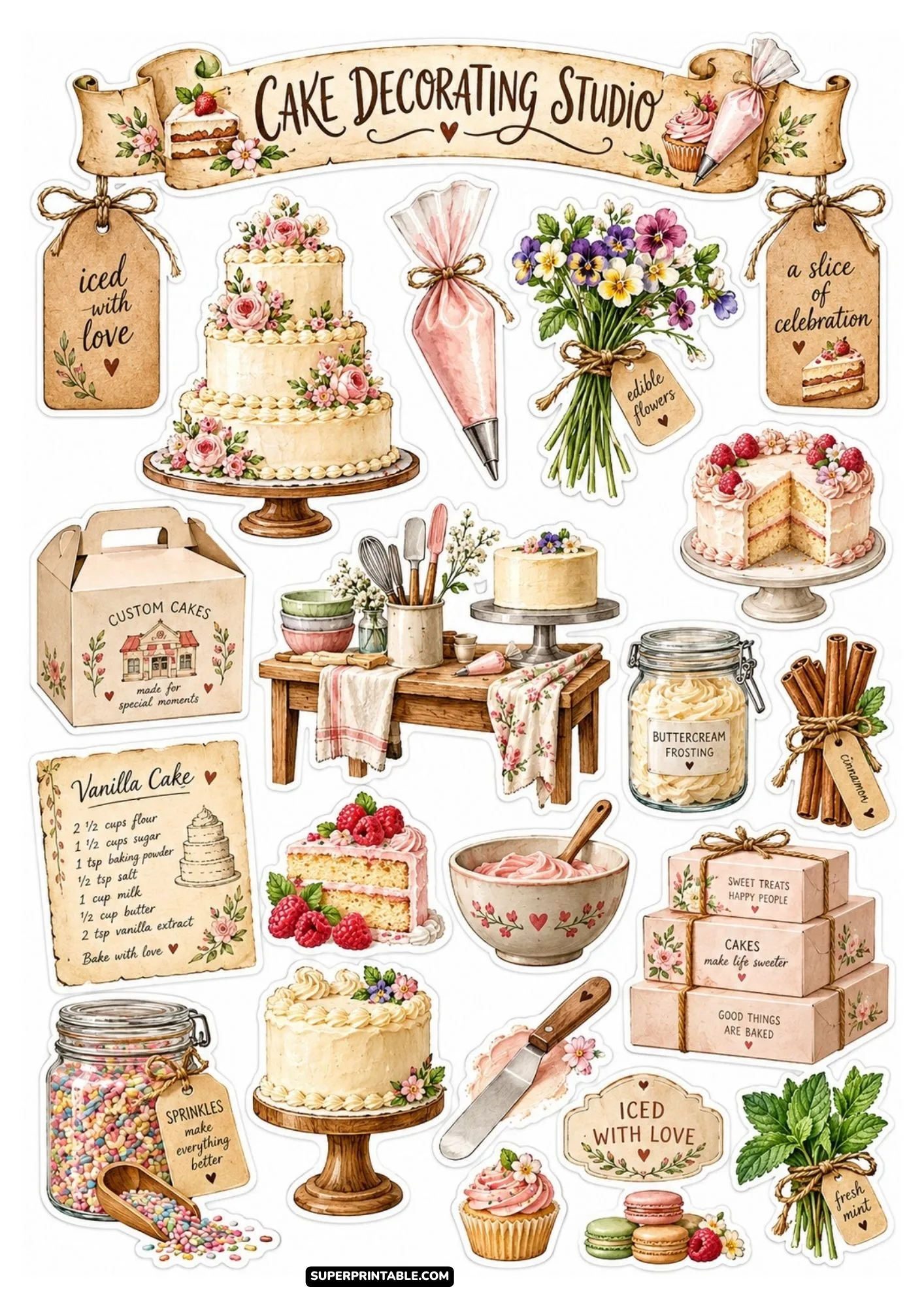 Detailed cake decorating sticker sheet with frosted layer cakes, piping bags, and sweet treat labels.