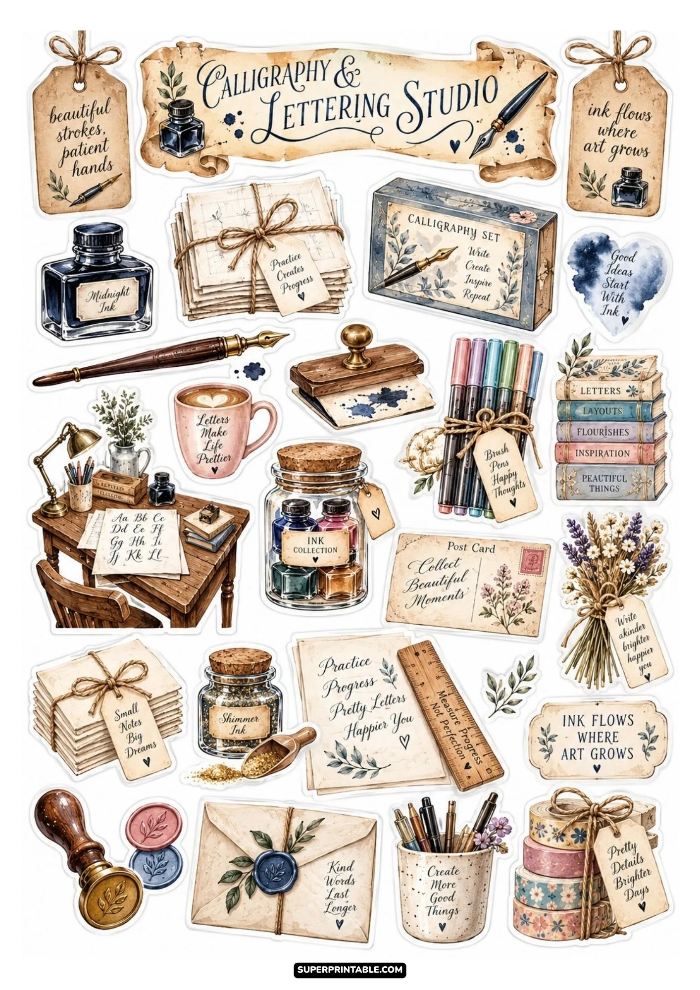 Vintage calligraphy and lettering sticker sheet with ink bottles, dip pens, wax seals, and letter envelopes.