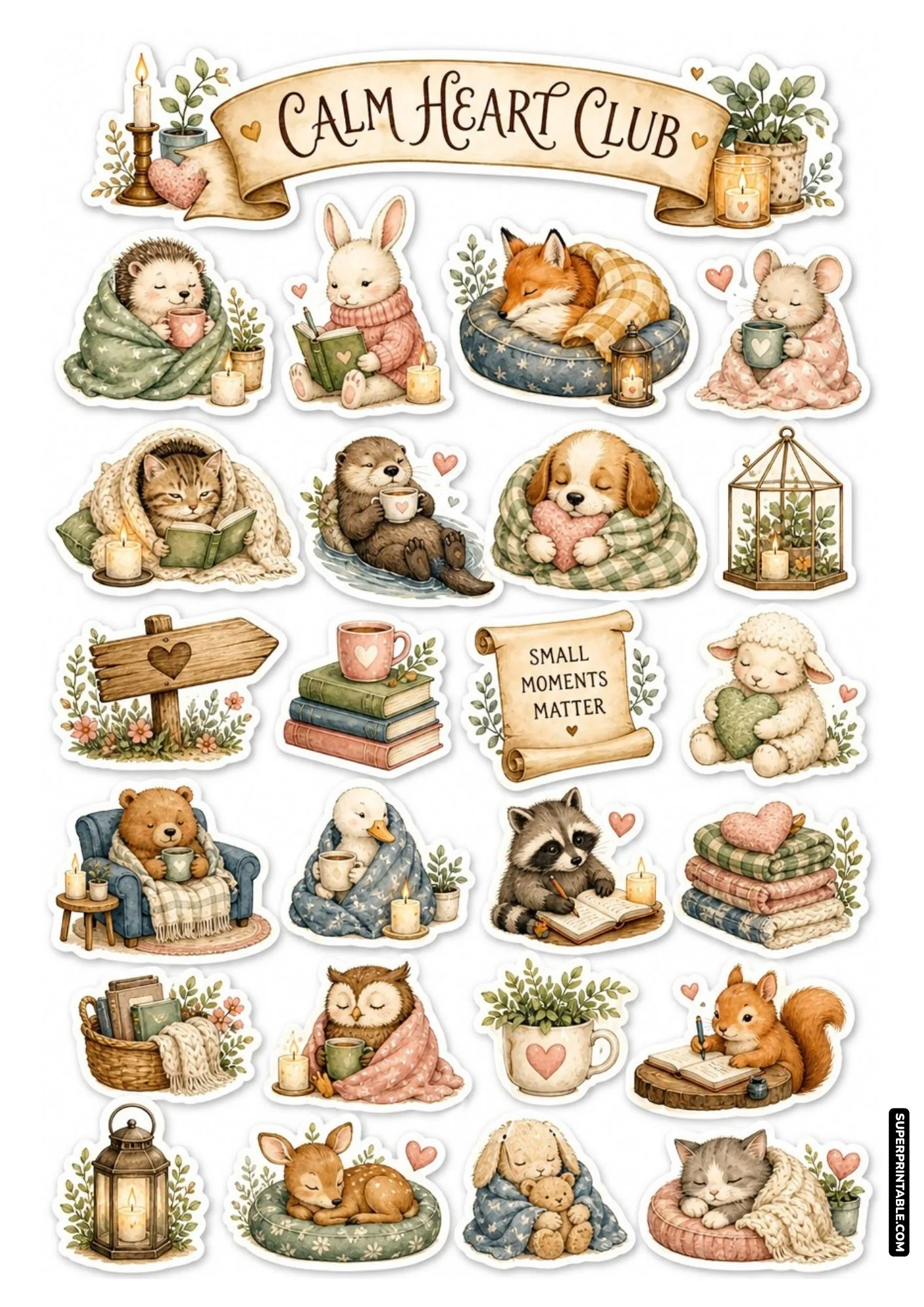 Calm heart club sticker sheet featuring peaceful animals with cozy blankets and soft candles.