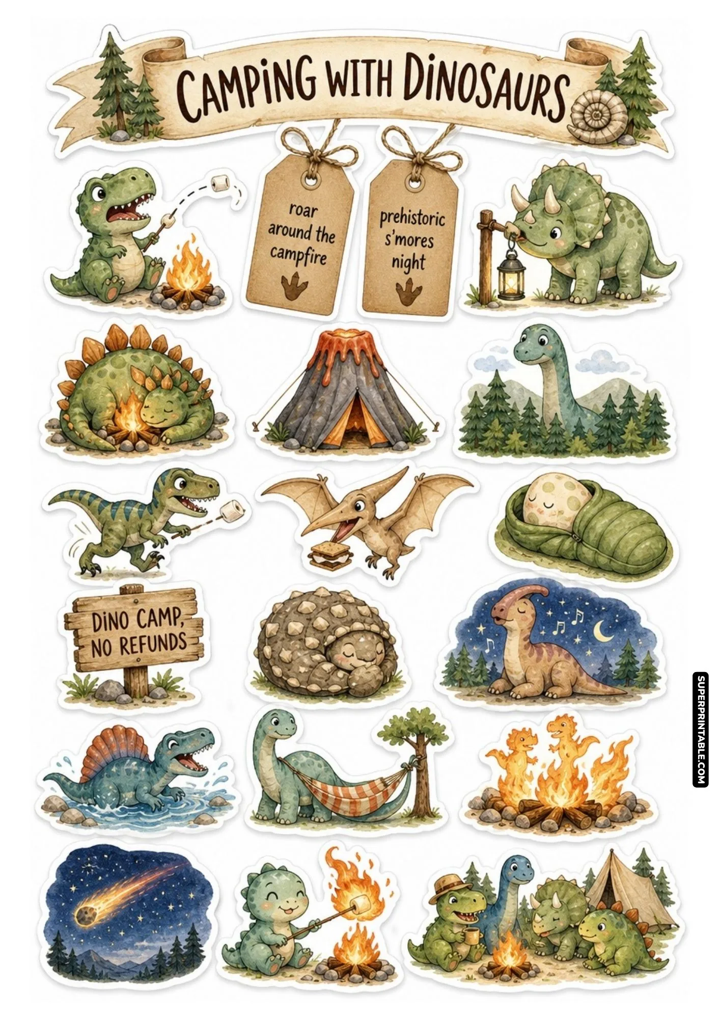 Camping themed dinosaur sticker sheet displaying prehistoric friends roasting marshmallows by a campfire.