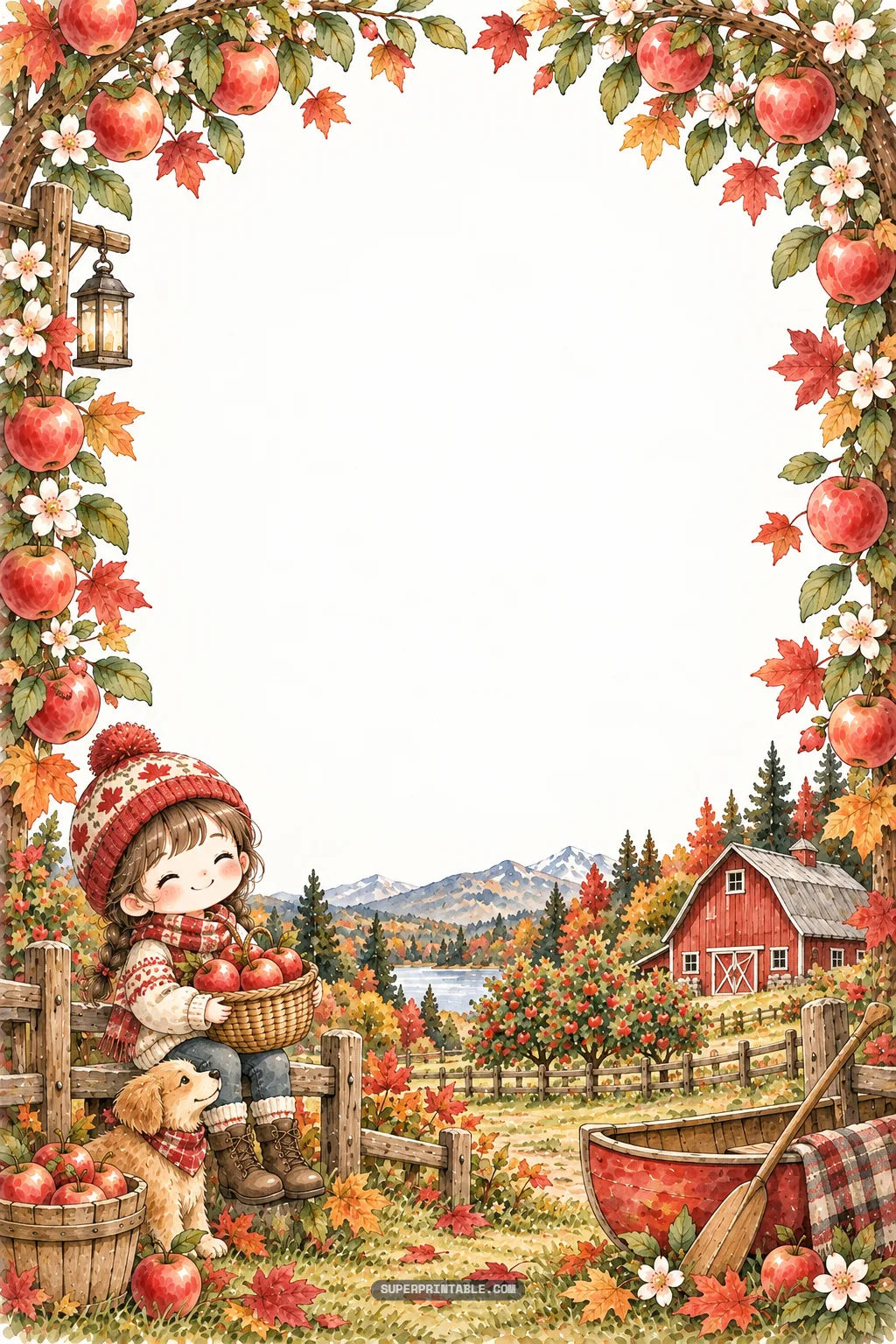 Cute girl in maple beanie sitting on wooden fence beside red canoe and barn