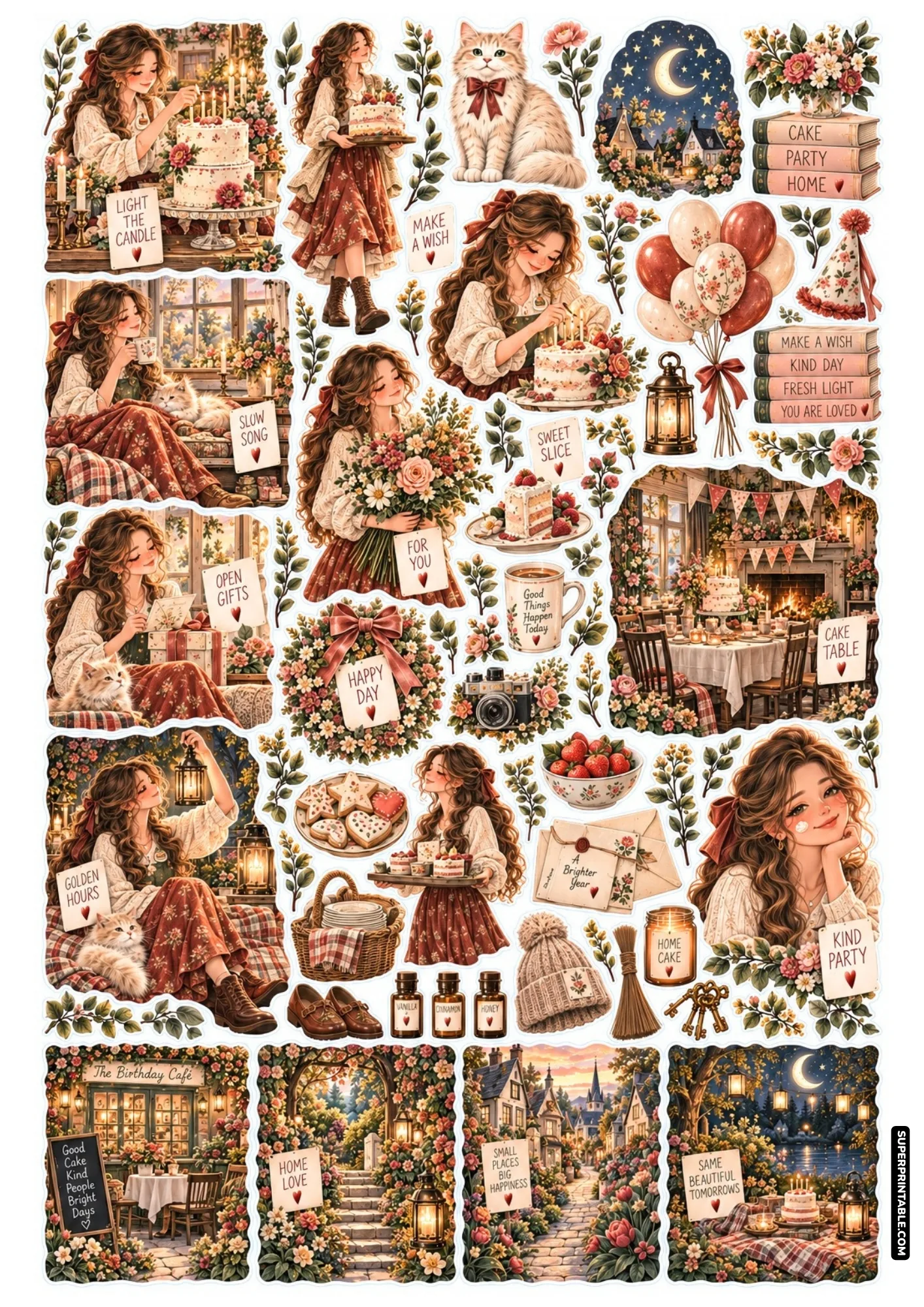 Cottagecore birthday party sticker sheets with floral cakes, cozy girl illustrations, candles, and cute cats.