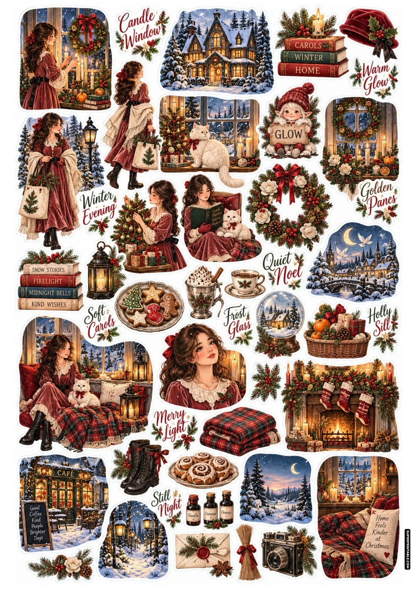 Candlelit holiday sticker sheet featuring velvet dresses, frosted windows, wreaths, and warm glowing hearths