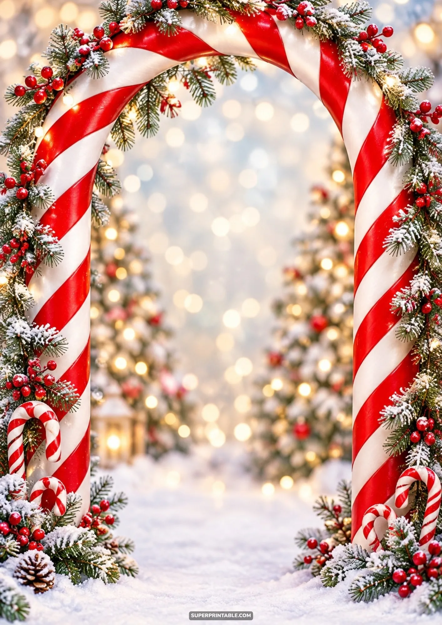 Red and white candy cane archway framed by snowy pines and glowing bokeh