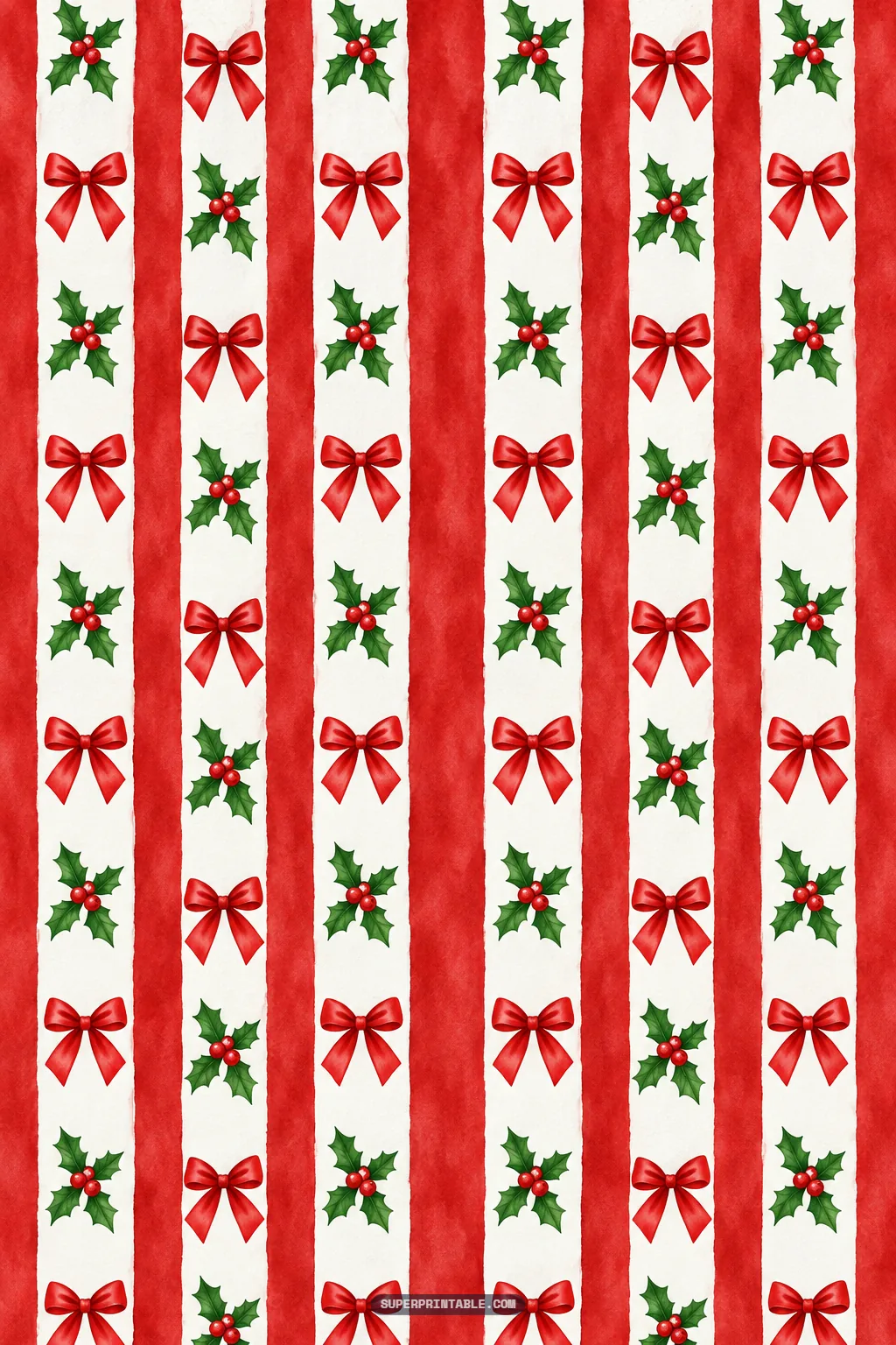 Vertical holiday stripes alternating red bands with white columns of festive holly sprigs and red bows