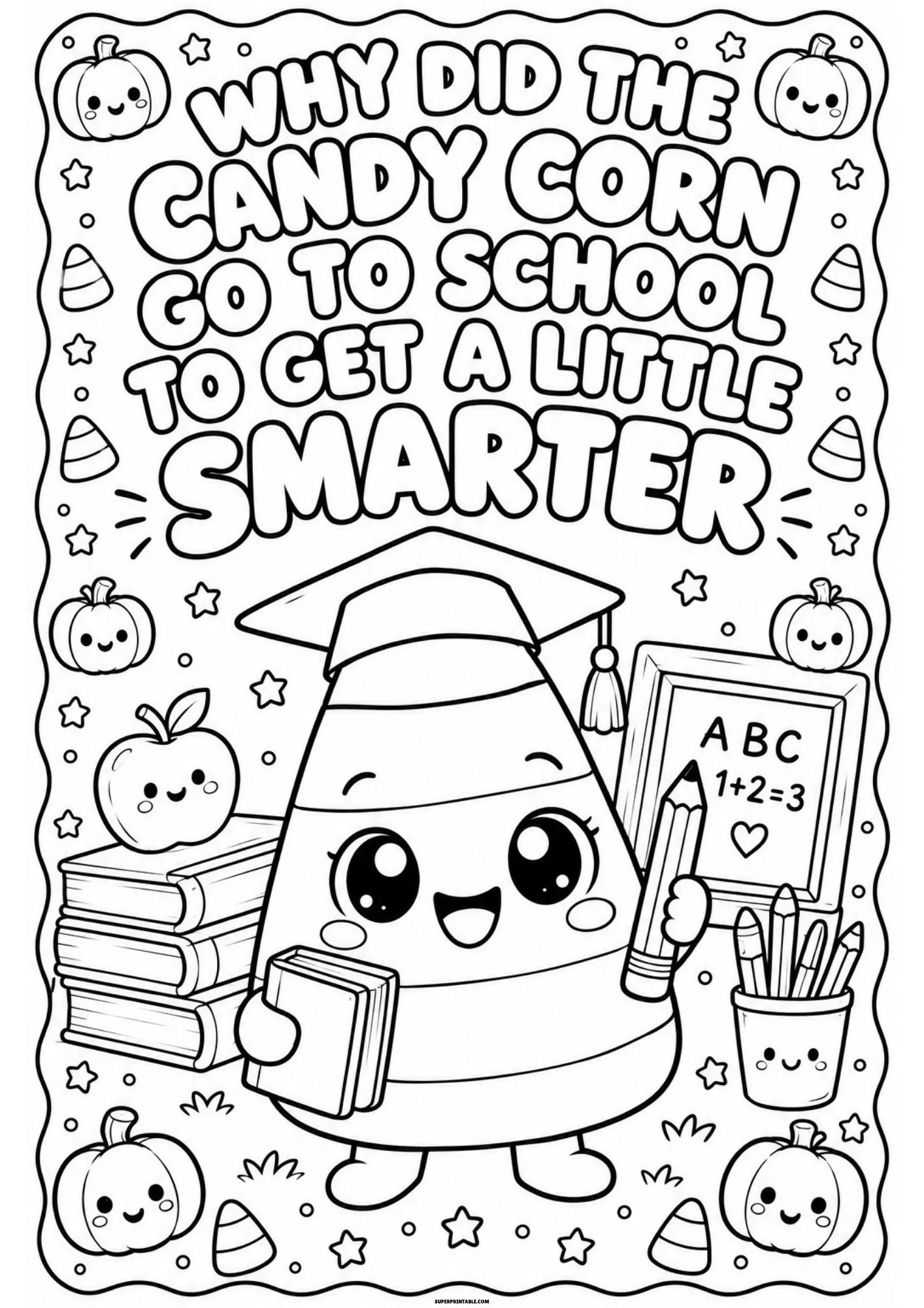 Cute candy corn character wearing a graduation cap holding a pencil.