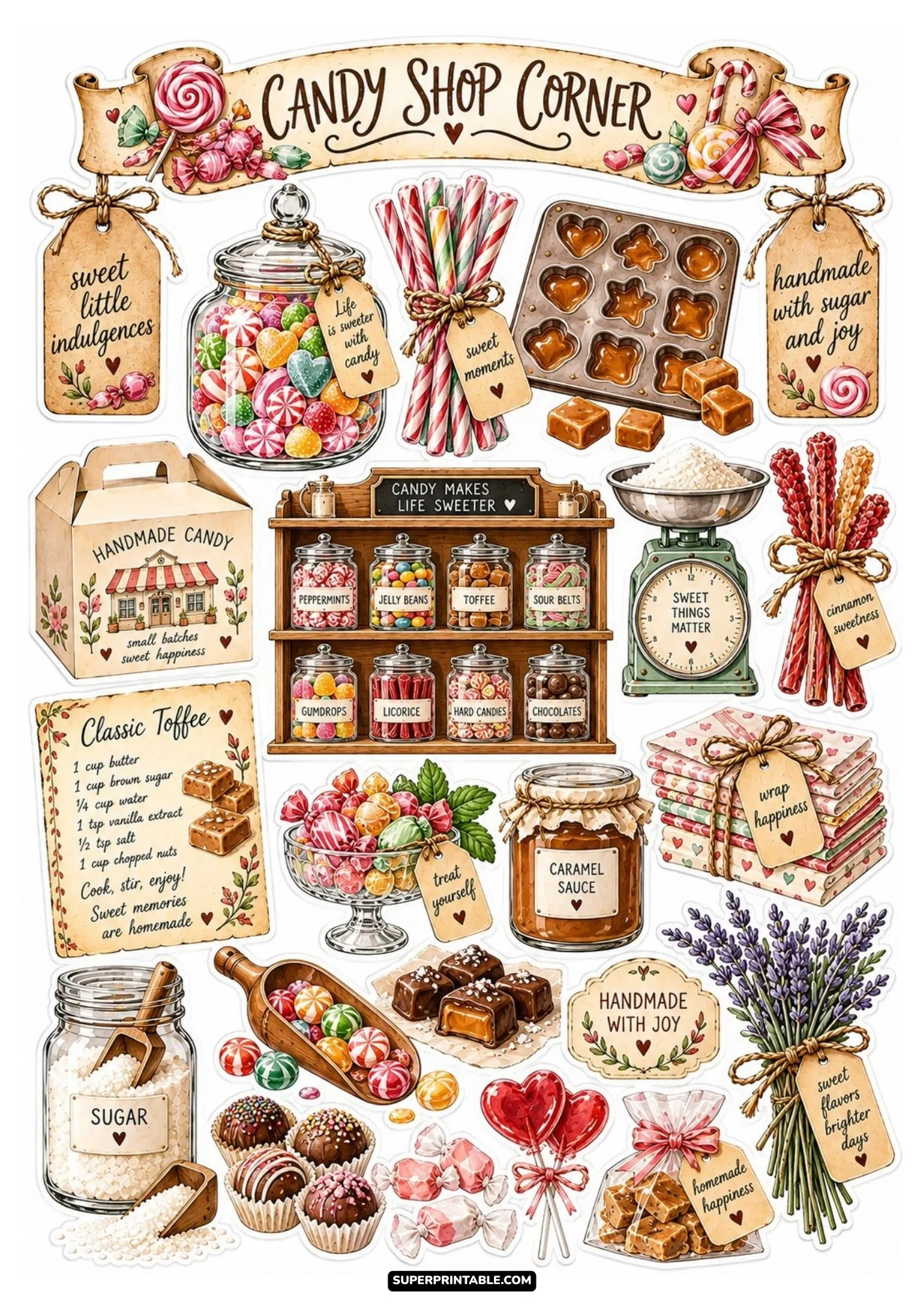 Colorful candy shop sticker sheet featuring vintage sweet jars, handmade toffee, and candy rack cutouts.