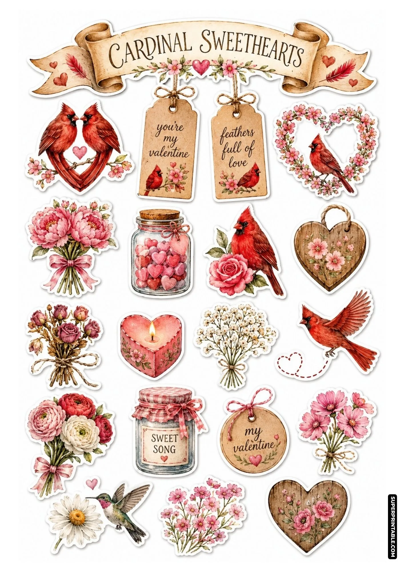 Red cardinal heart stickers with romantic pink peonies, sweet candy jars, and heart wreaths.