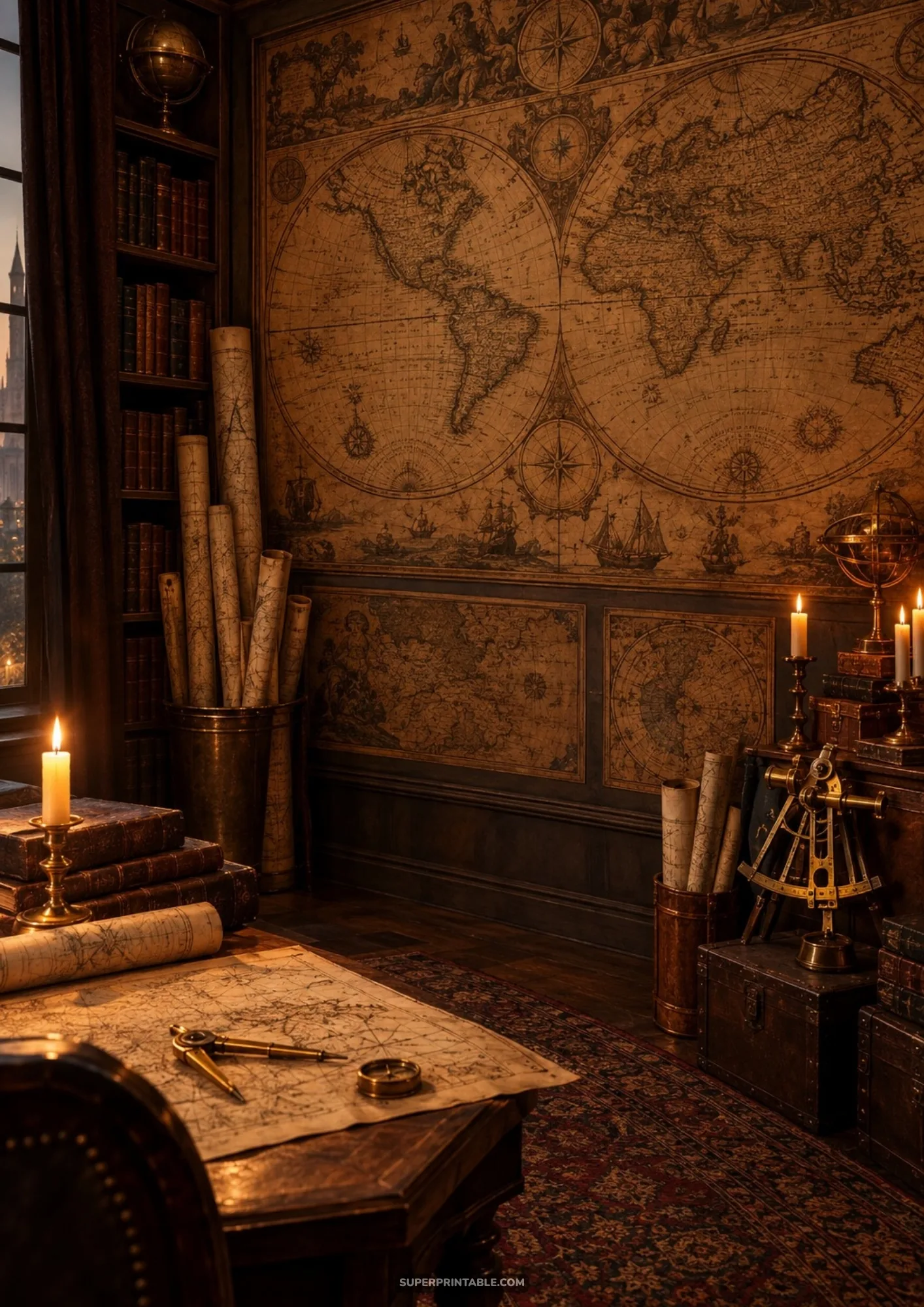 Antique cartography study with a large double-hemisphere world map, brass sextant, and candlelight